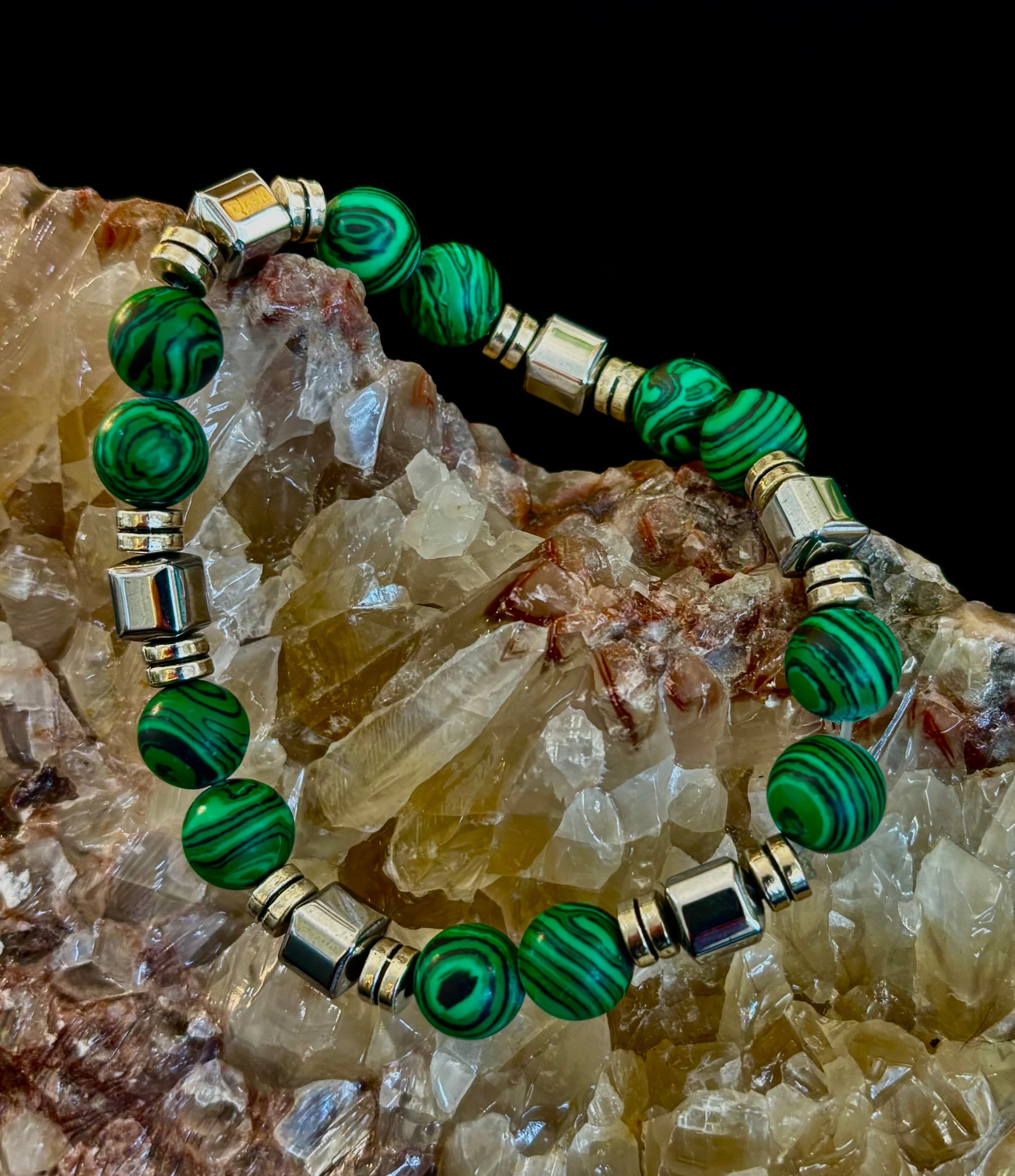 Emerald Malachite Energy Bracelet – XL Natural Stone Bracelet Handmade in Puerto Vallarta
