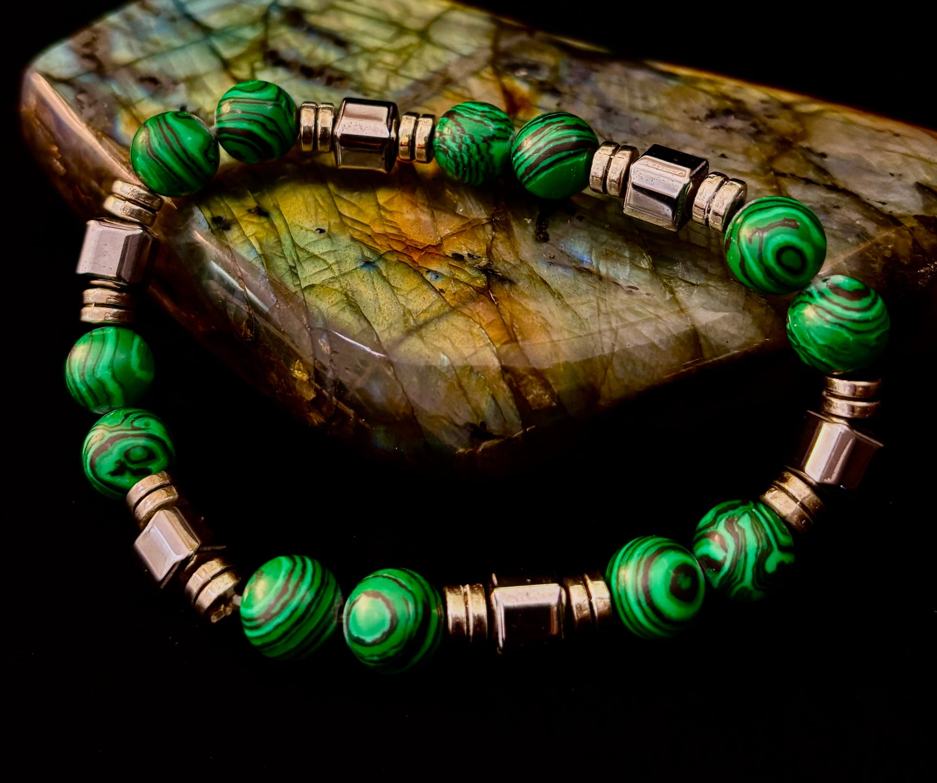 Emerald Malachite Energy Bracelet – XL Natural Stone Bracelet Handmade in Puerto Vallarta