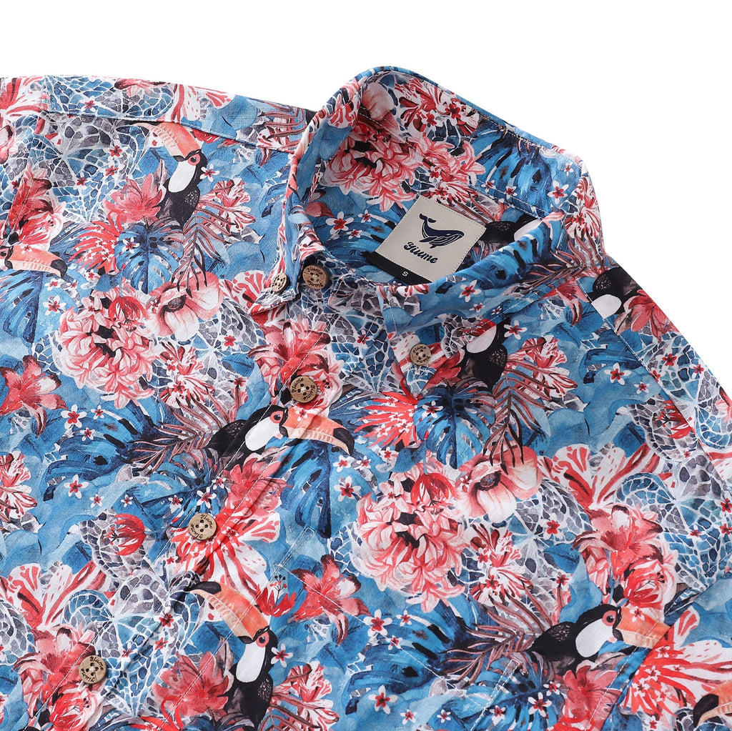 Men's Exotic Toucan Print Cotton Button-Down Aloha Shirt