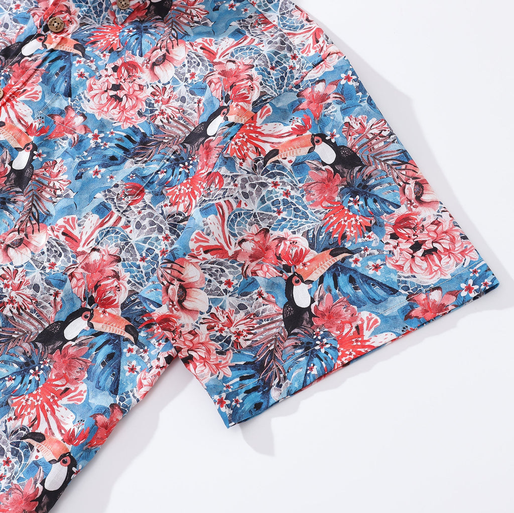 Men's Exotic Toucan Print Cotton Button-Down Aloha Shirt