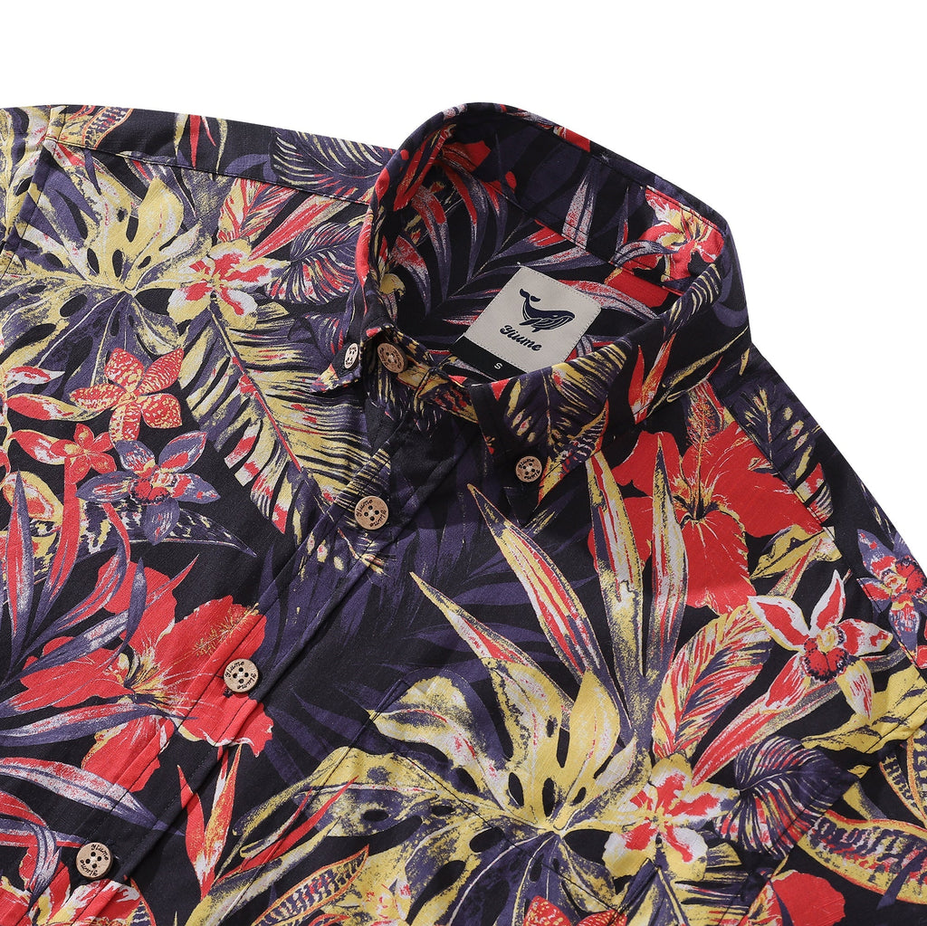 Men's Tropical Floral Night Print Cotton Aloha Shirt