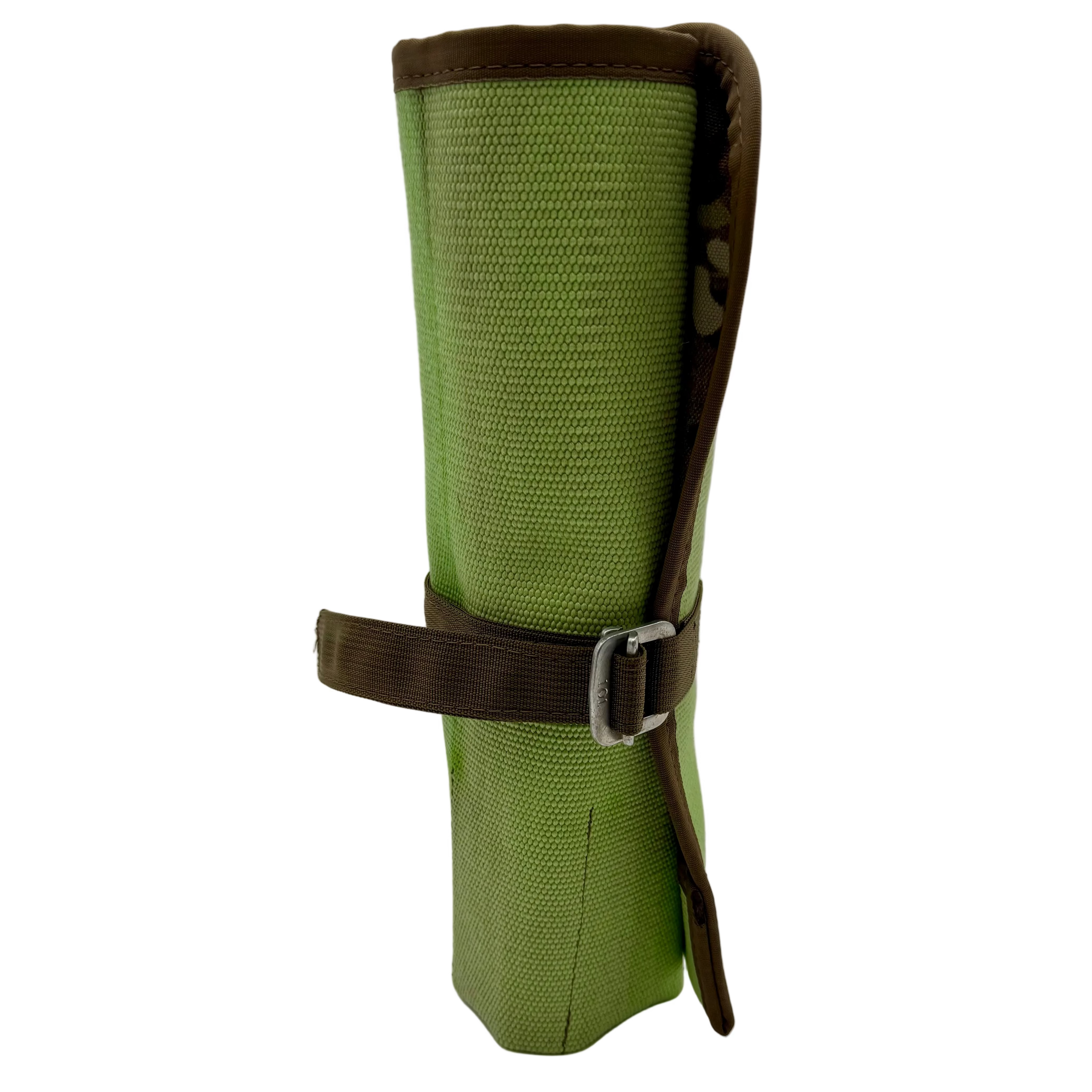 Premium industrial tool roll made from fire hose material in green and brown colorways.