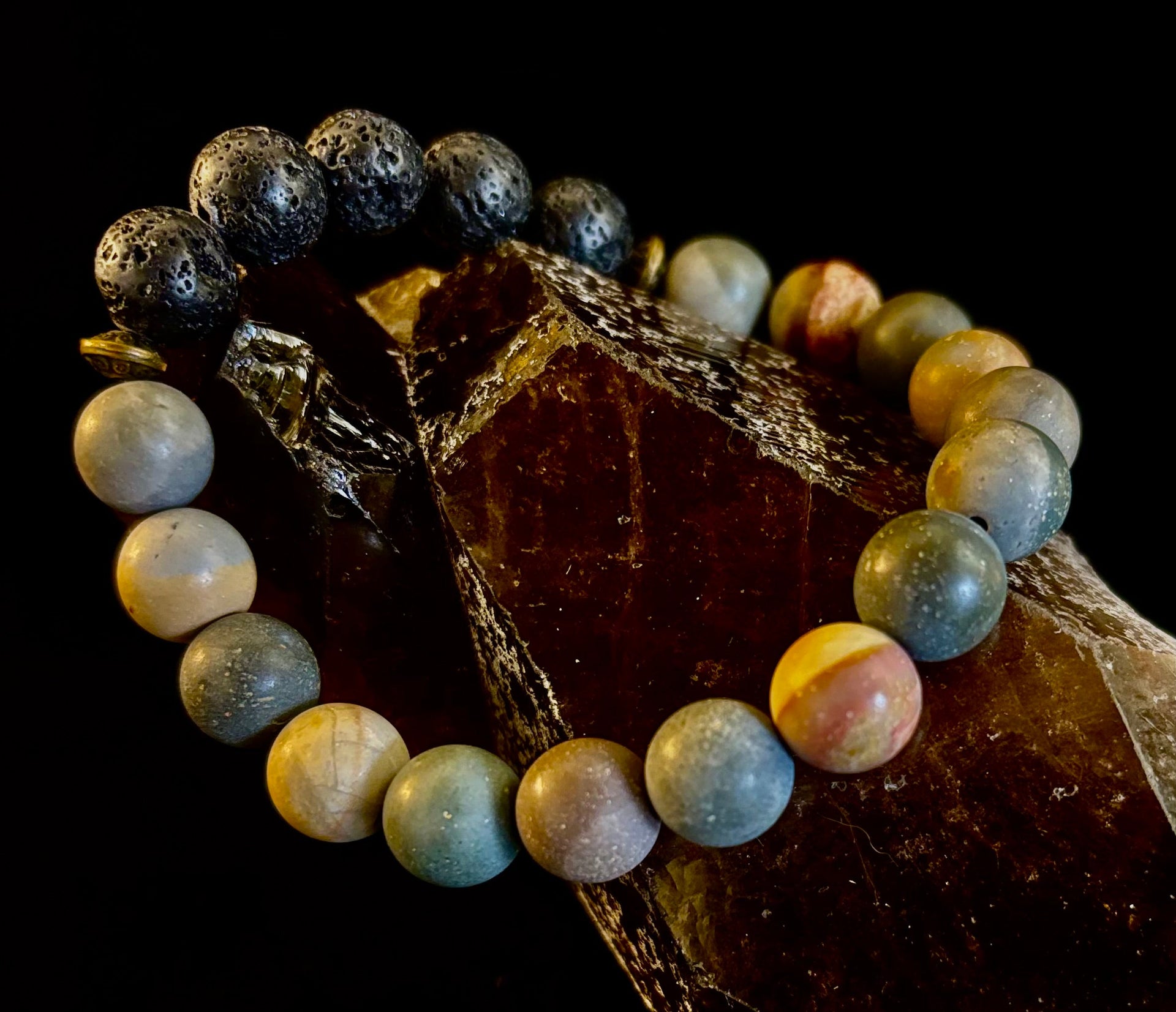 Polychrome Jasper & Lava Stone Essential Oil Diffuser Bracelet – 10mm Natural Stone | Aromatherapy Bracelet with Eucalyptus Oil