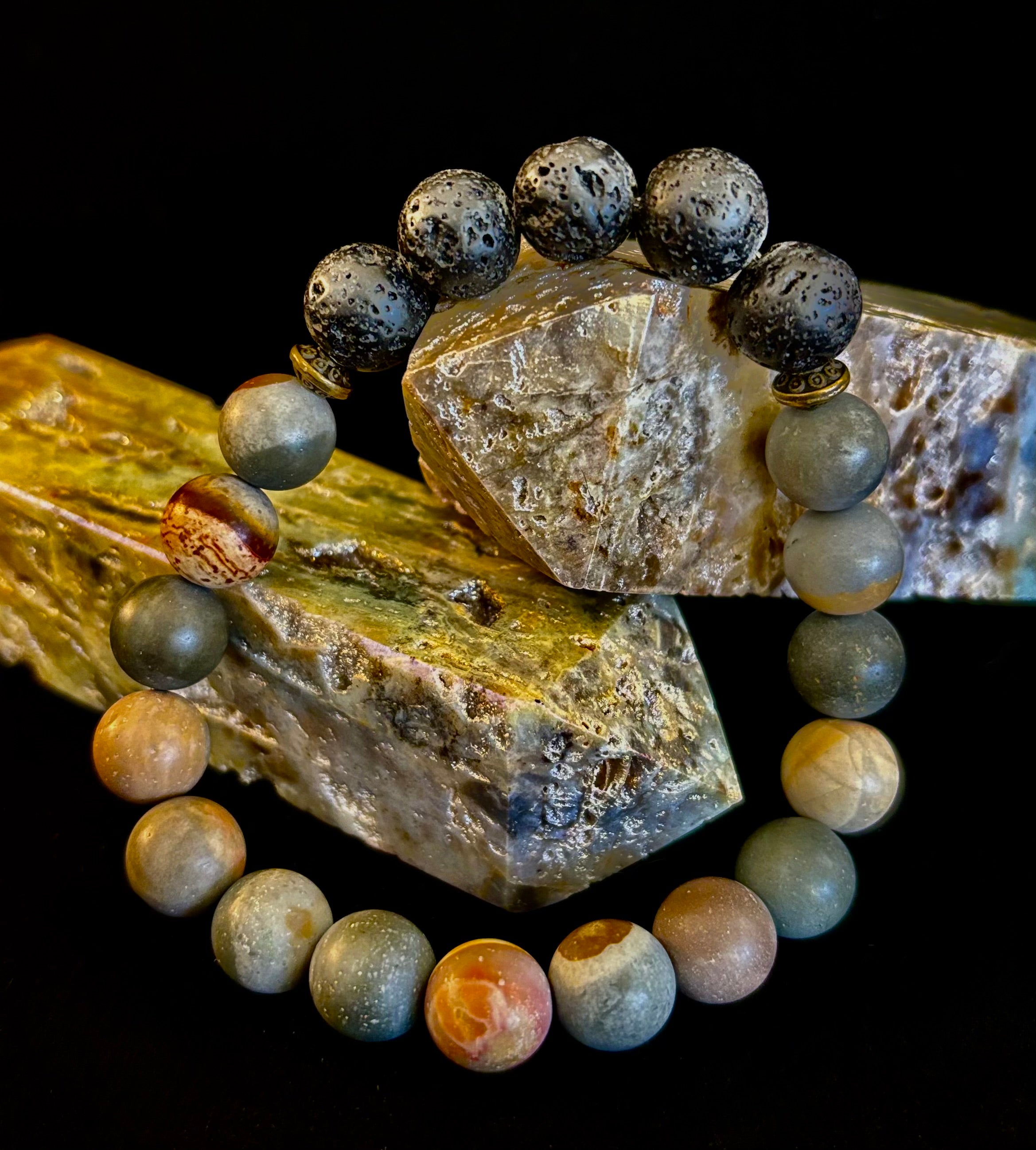 Polychrome Jasper & Lava Stone Essential Oil Diffuser Bracelet – 10mm Natural Stone | Aromatherapy Bracelet with Eucalyptus Oil