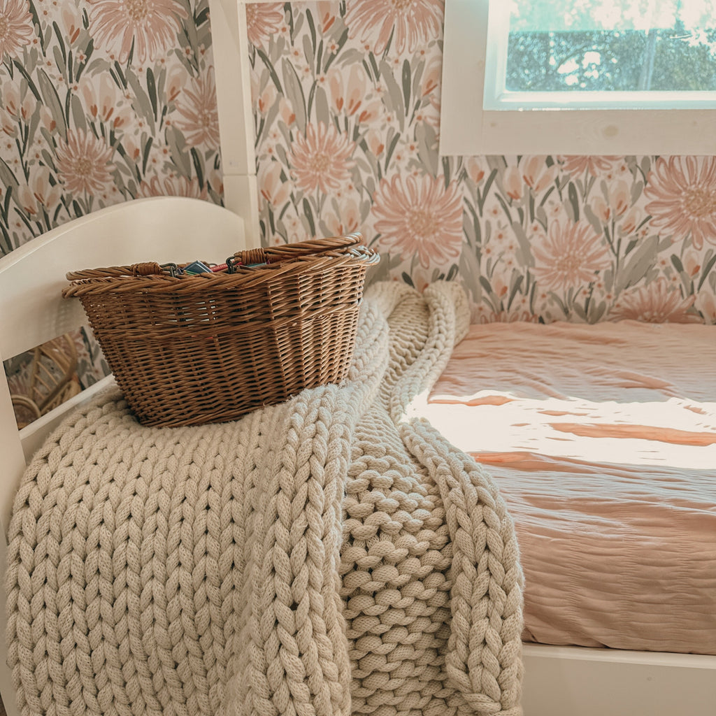 Auden Floral Wallpaper in Peach and Sage-Green Bohemian Design