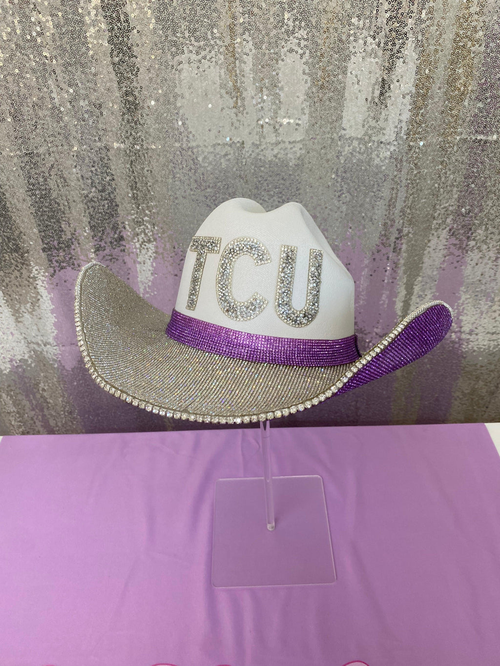 TCU rhinestone cowgirl hat in white, silver, and purple