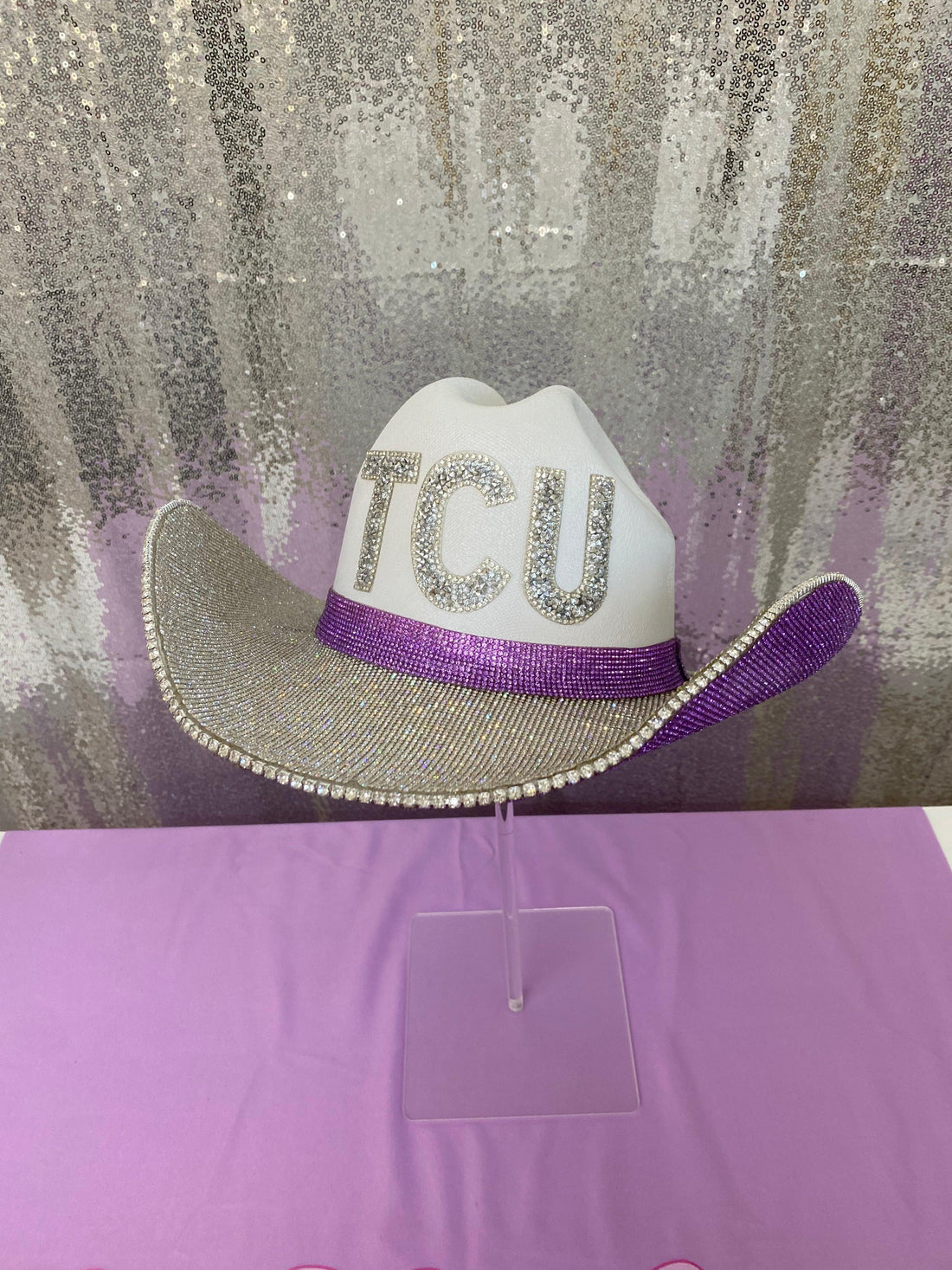 TCU rhinestone cowgirl hat in white, silver, and purple
