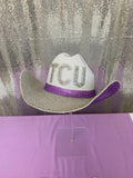 TCU rhinestone cowgirl hat in white, silver, and purple