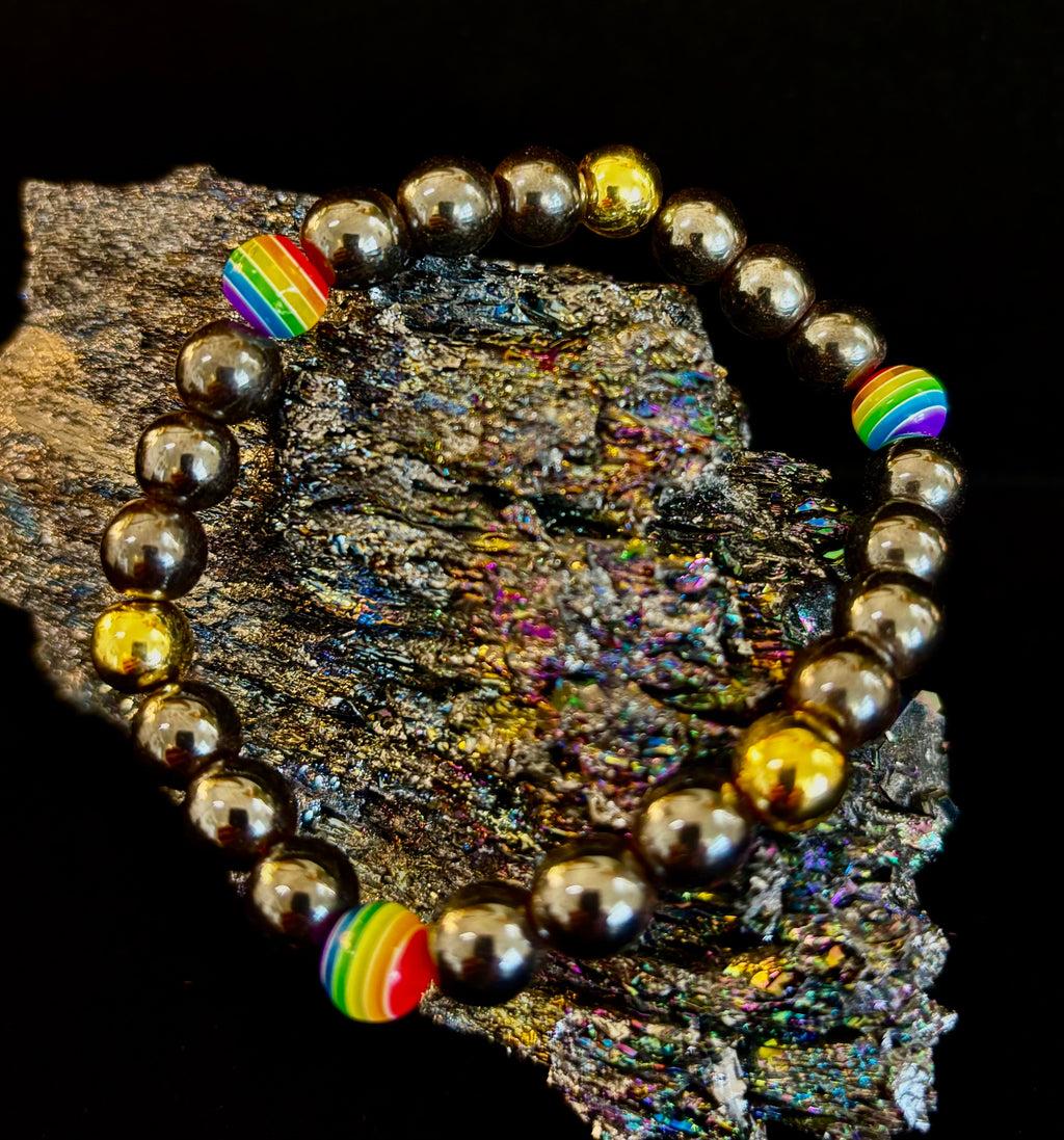 LGBTQ+ Pride Black Stone Beaded Bracelet – For Every Identity | 8mm Rainbow Stripe Beads | Gold or Rose Gold Accent Bracelet