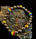LGBTQ+ Pride Black Stone Beaded Bracelet – For Every Identity | 8mm Rainbow Stripe Beads | Gold or Rose Gold Accent Bracelet