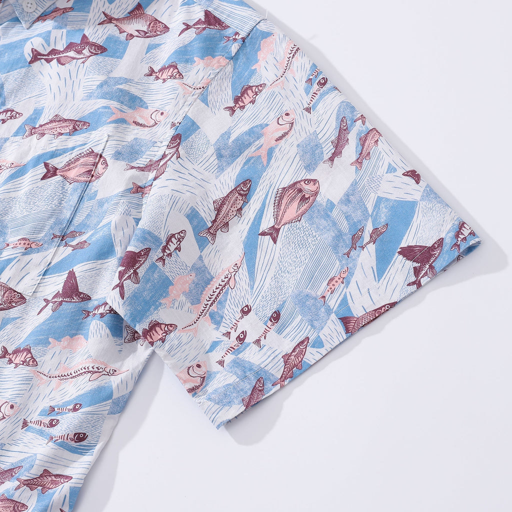 Men's Coral and Fish Print Cotton Hawaiian Shirt Coastal Resort