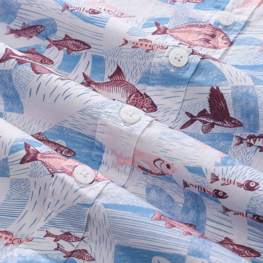 Men's Coral and Fish Print Cotton Hawaiian Shirt Coastal Resort