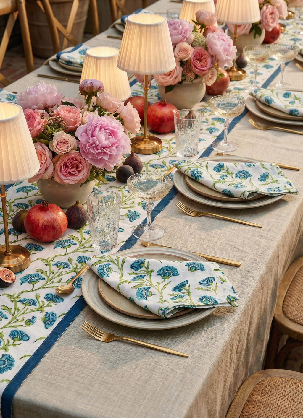Bella Hand-Printed Pure Linen Table Runner - Olive Green & Blue