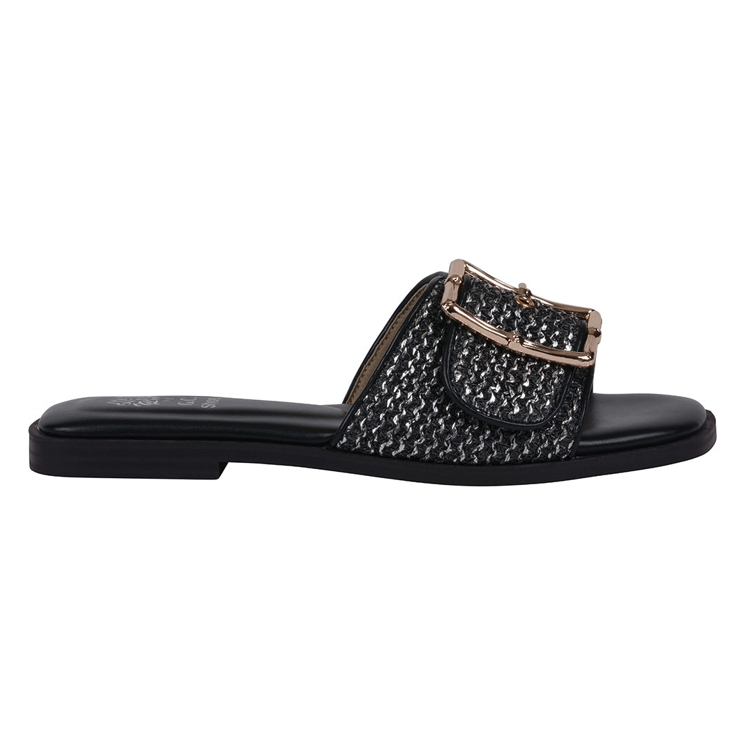 Women's Indie Black Woven Buckle Flat Sandals Slide Shoes