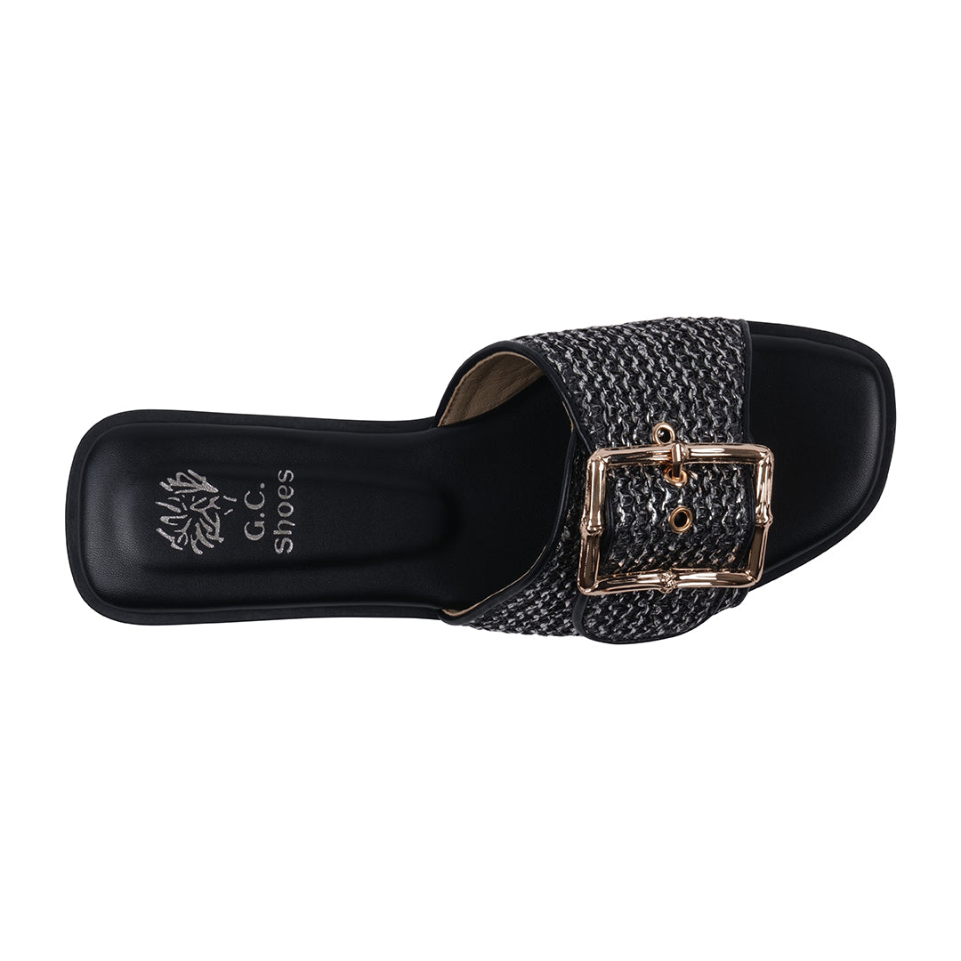 Women's Indie Black Woven Buckle Flat Sandals Slide Shoes