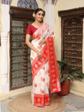 A white and red linen cotton saree featuring a natural textured fabric and classic contrast border.