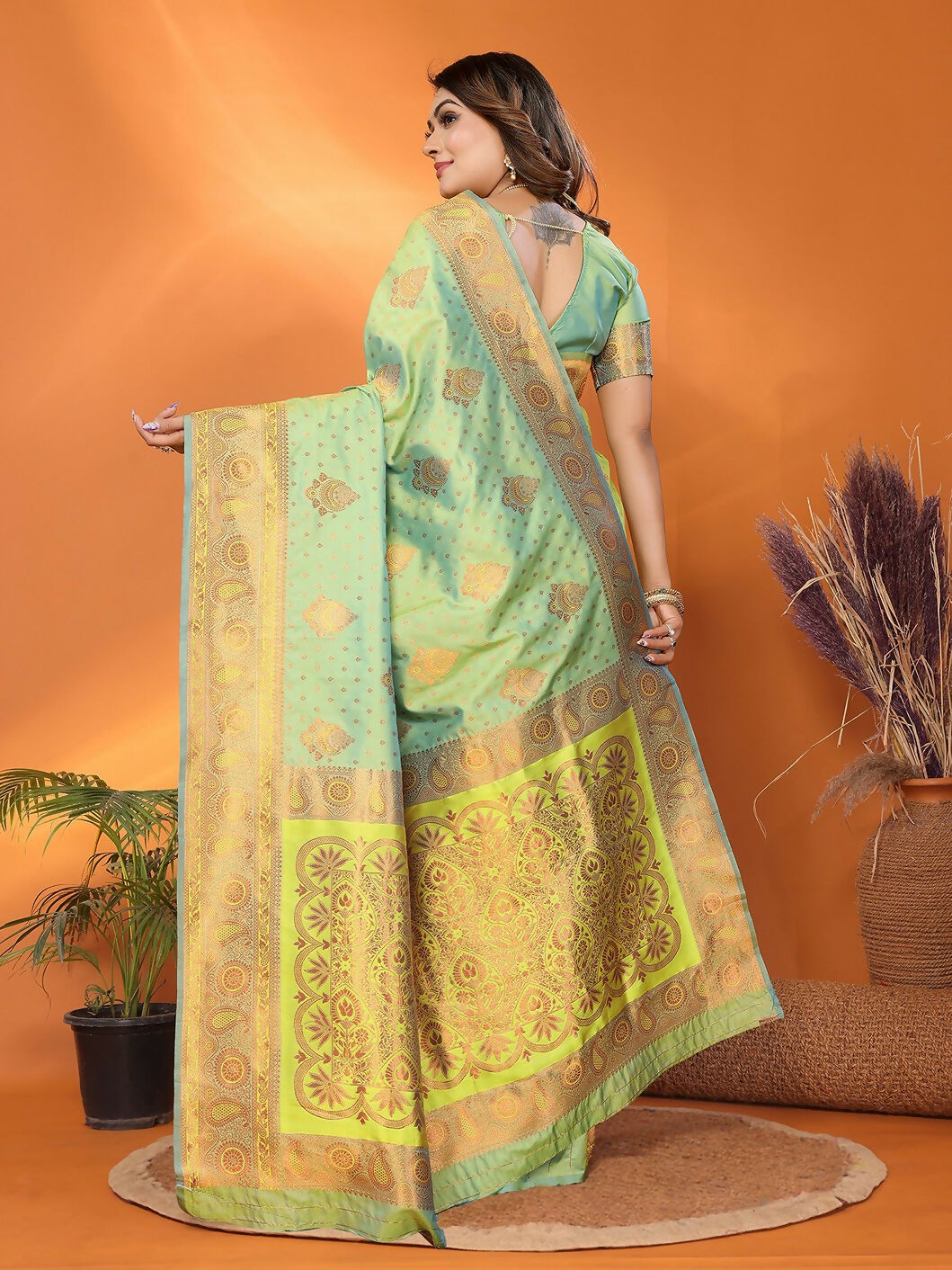 Banarasi Light Green Woven Soft Silk Saree with Blouse