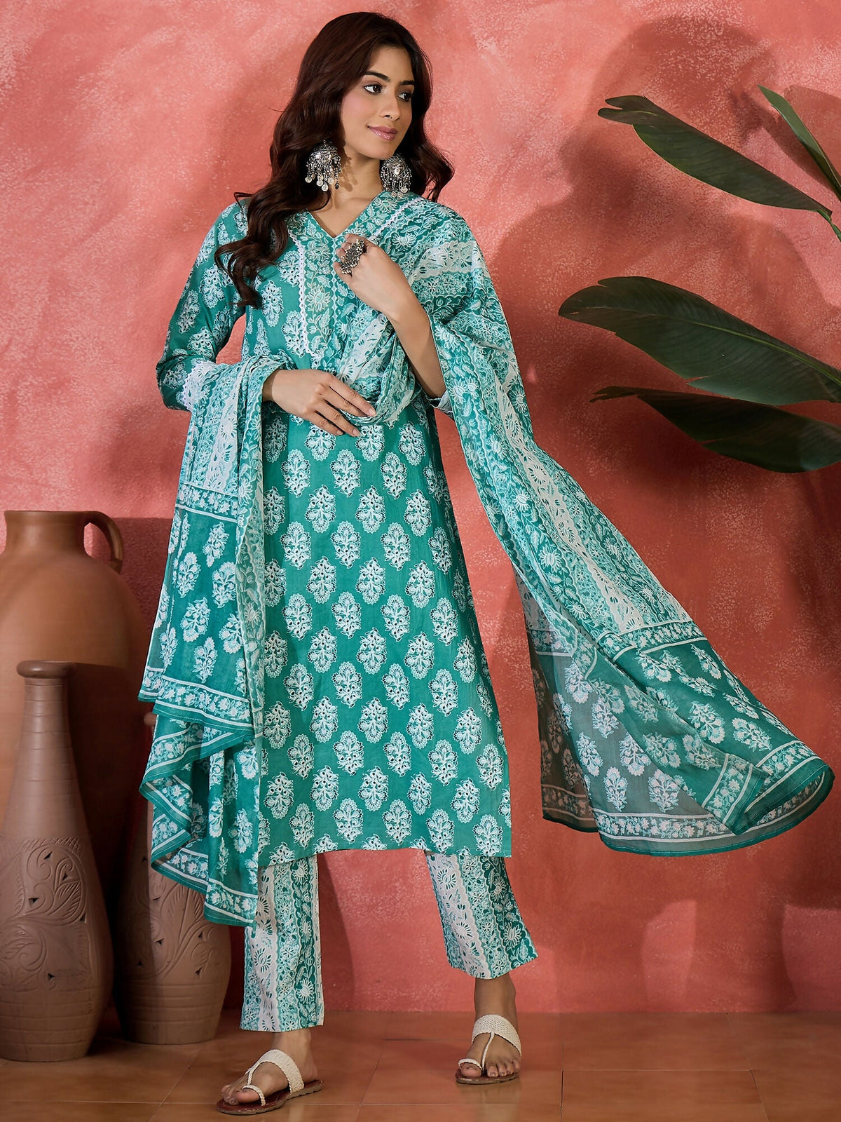 Teal Printed Pure Cotton Kurta Set for Women