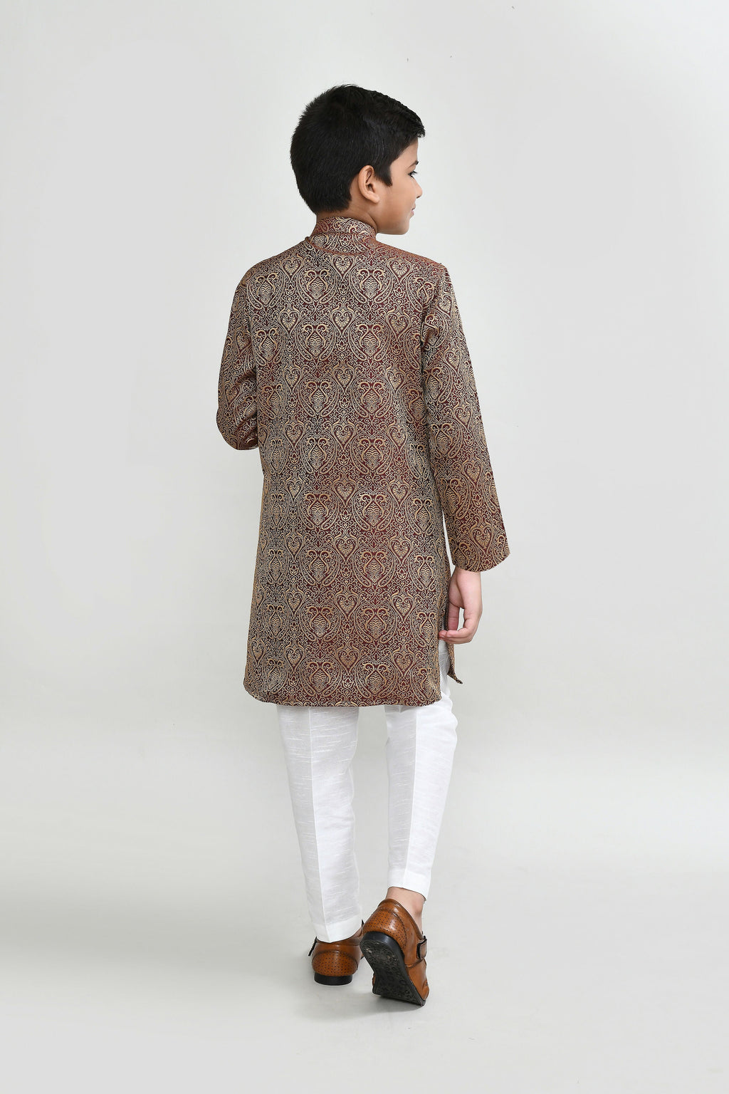 Maroon Jacquard Kurta with White Straight Fit Pants Set