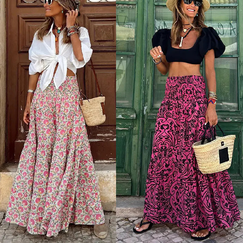 Summer Floral Maxi Skirt with Elastic Waist
