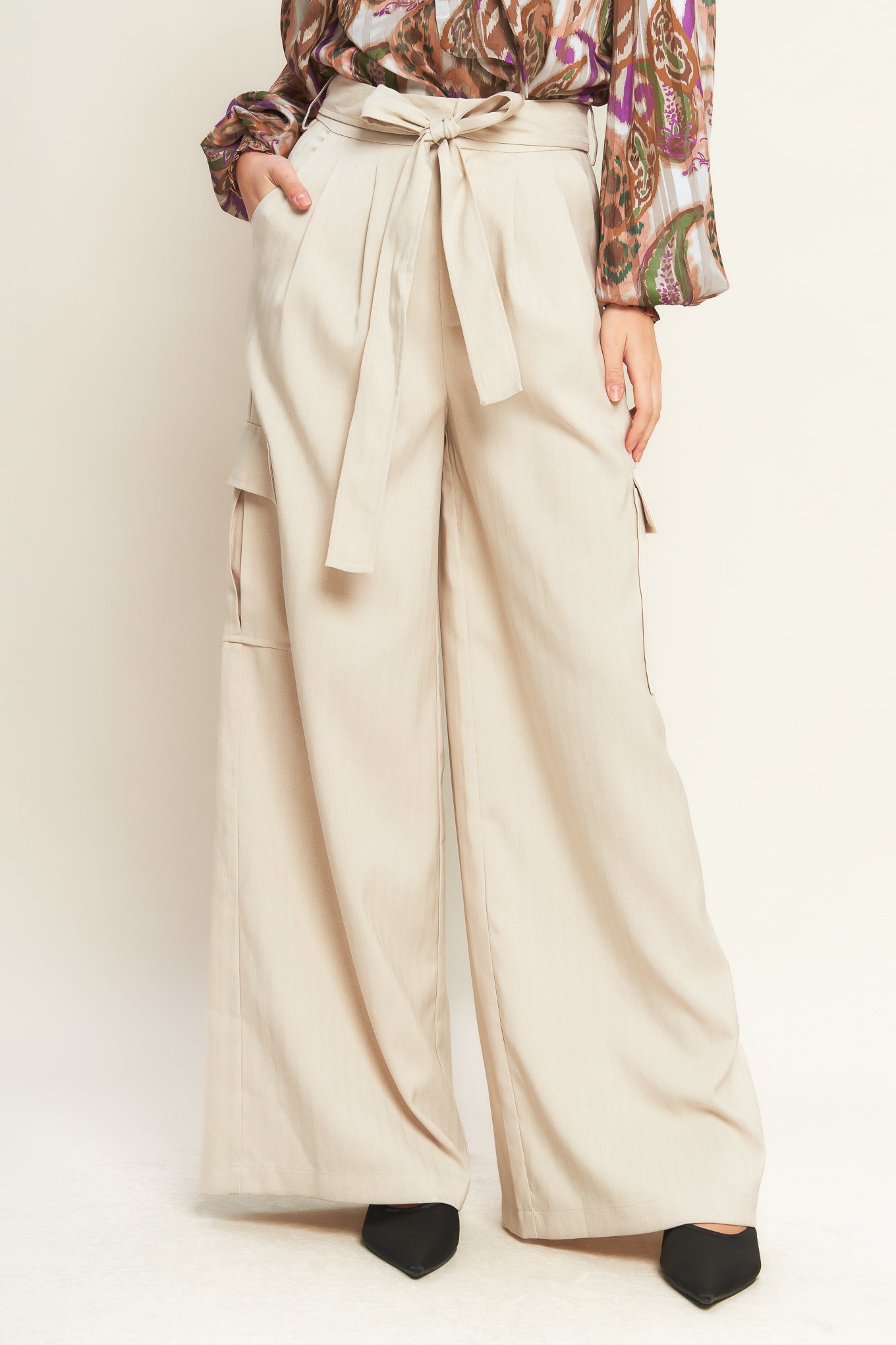 Beige Wide Leg Cargo Pants with Tie Waist and Pleat Detail - Image 3