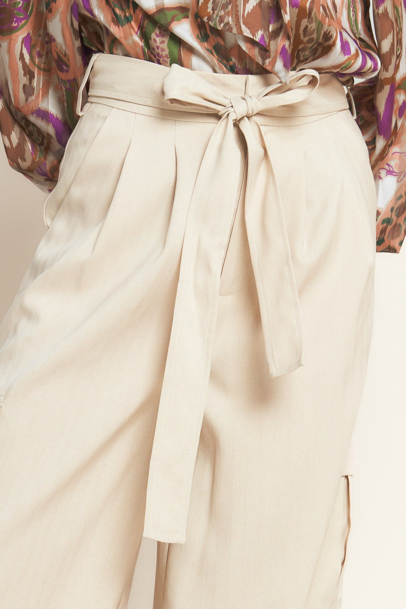 Beige Wide Leg Cargo Pants with Tie Waist and Pleat Detail - Image 2
