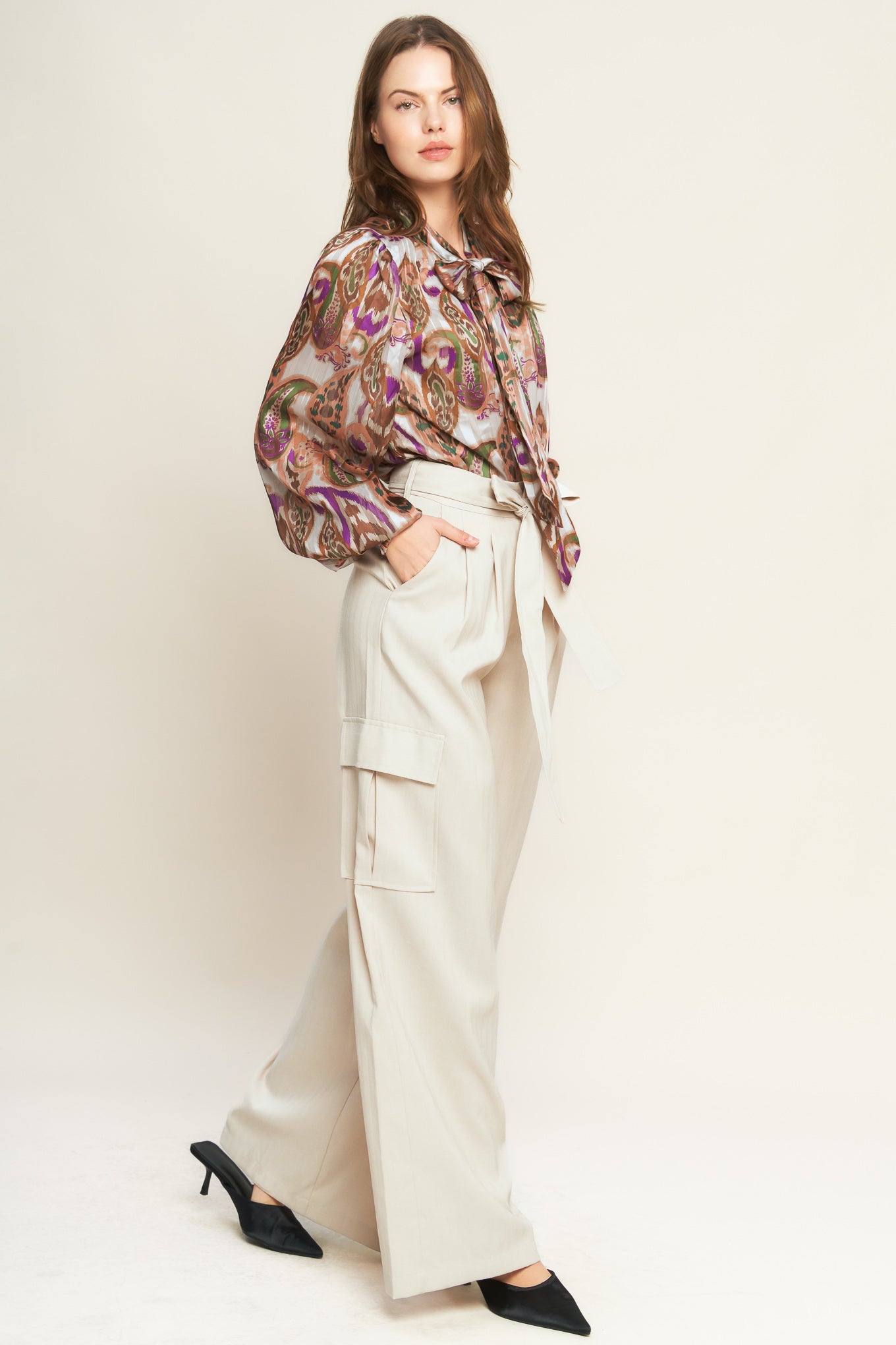 Beige Wide Leg Cargo Pants with Tie Waist and Pleat Detail - Image 5
