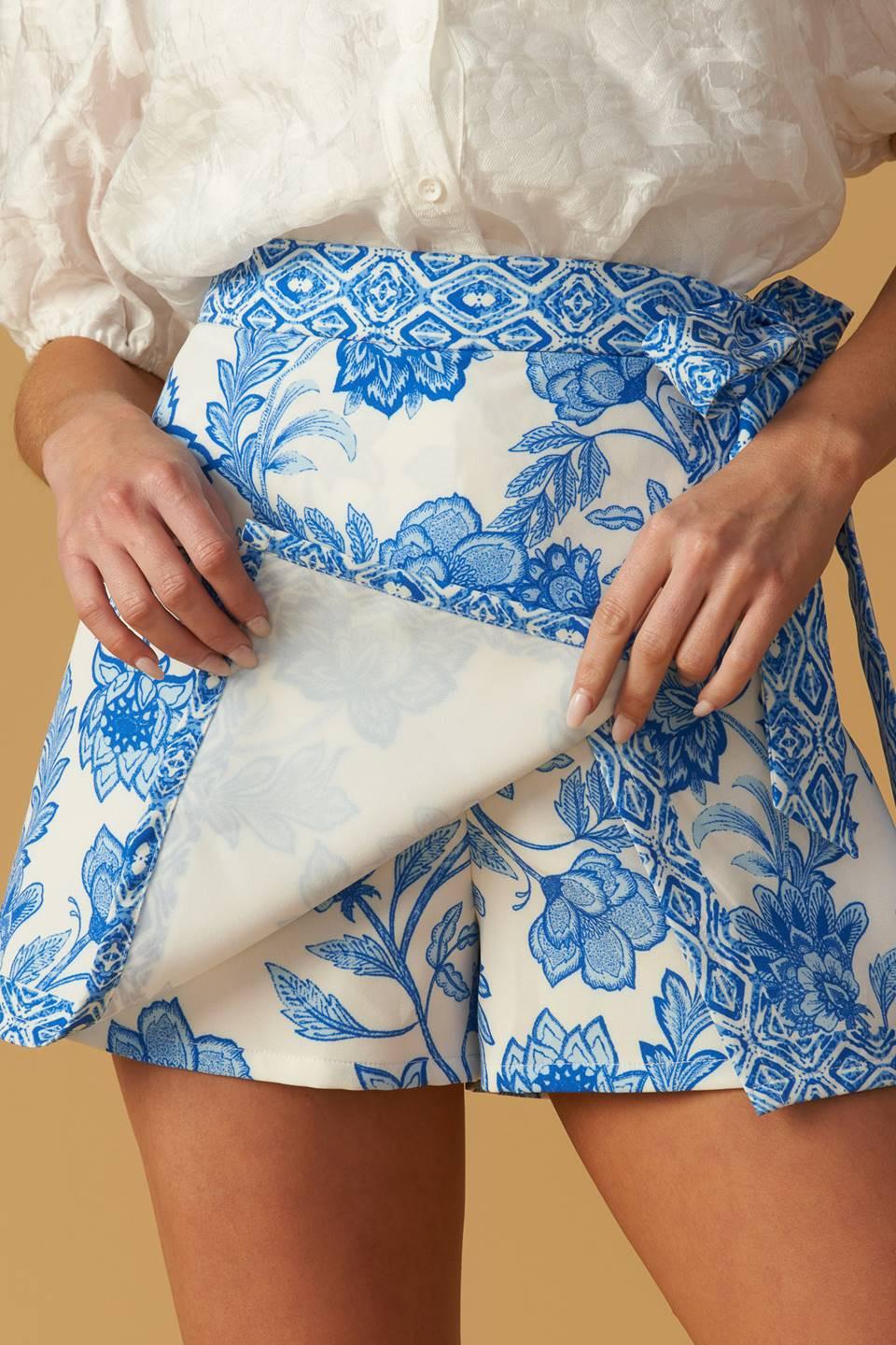 Blue and White Floral Print Woven Skort with Side Tie