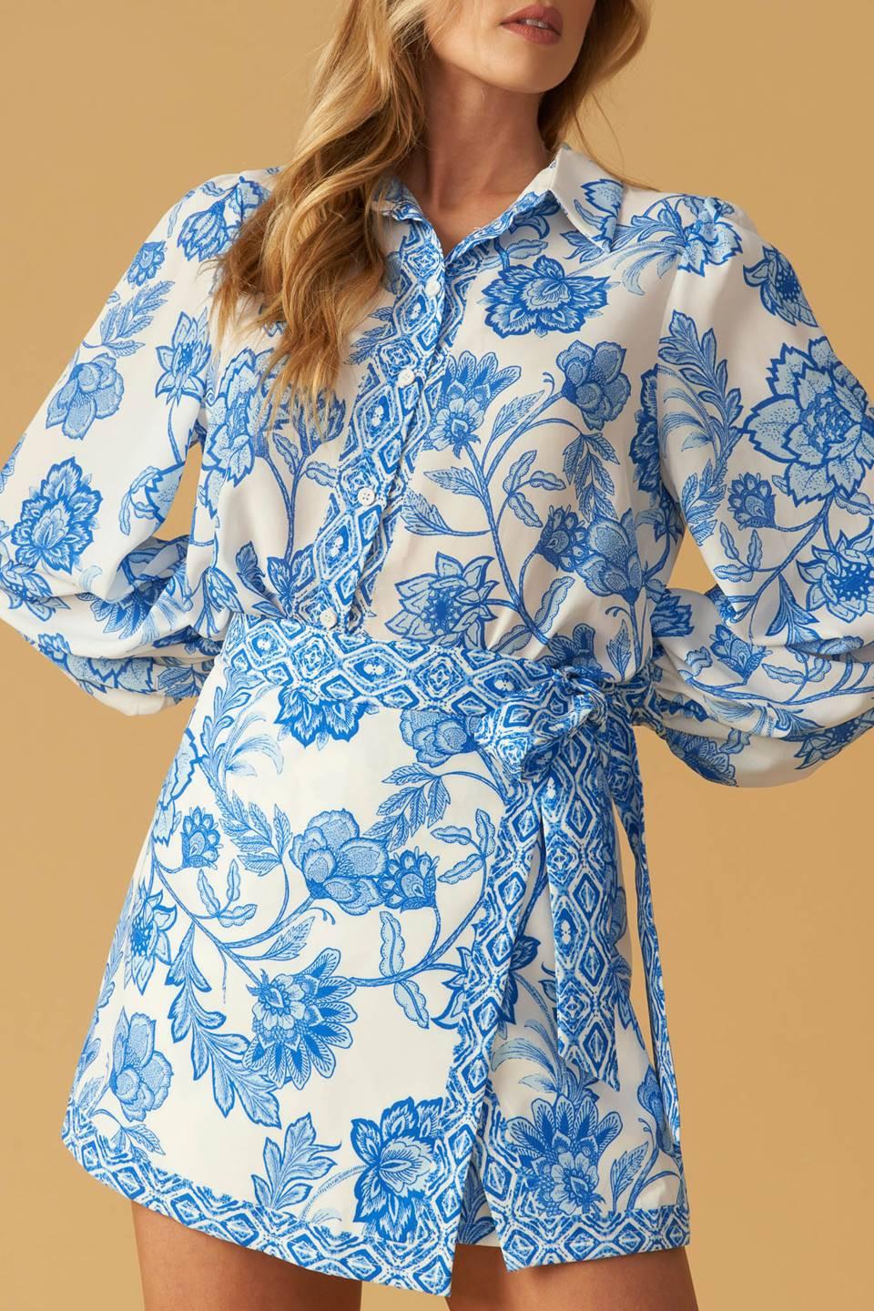 Blue and White Floral Print Woven Skort with Side Tie