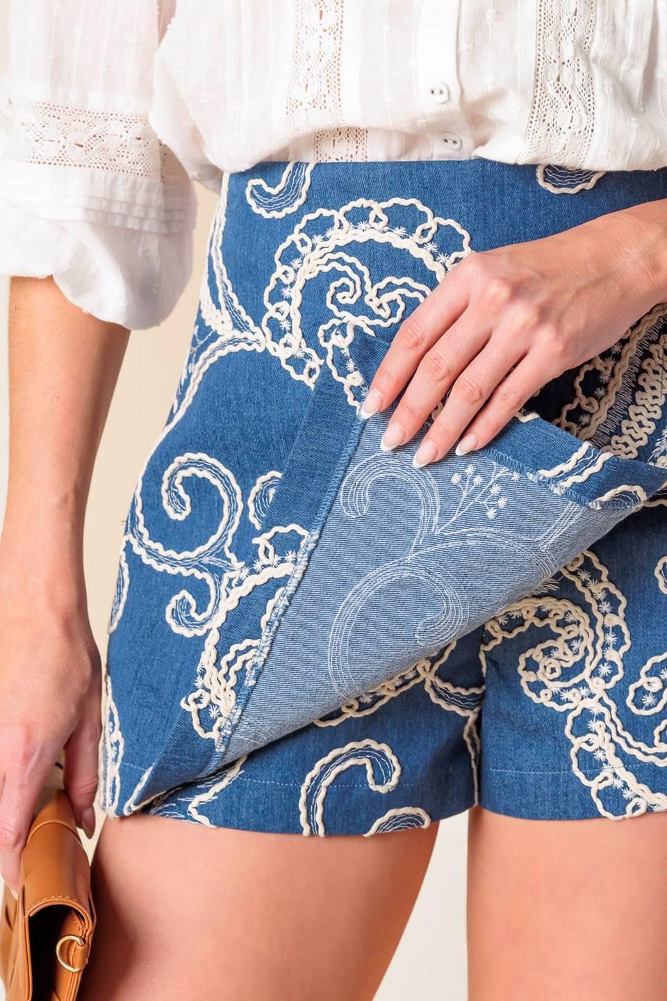 Embroidered Denim Skort with Side Zipper Blue