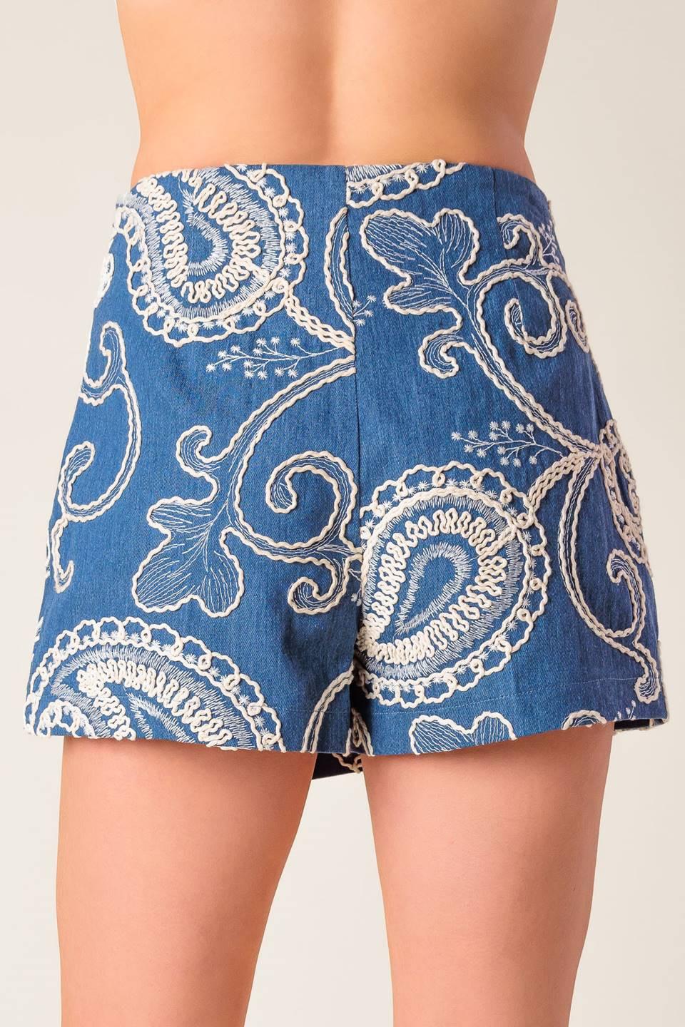 Embroidered Denim Skort with Side Zipper Blue