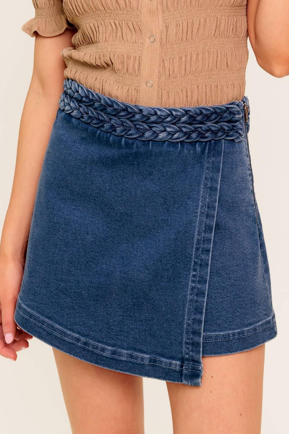 French Moss denim skort featuring a braided waistband and side zipper