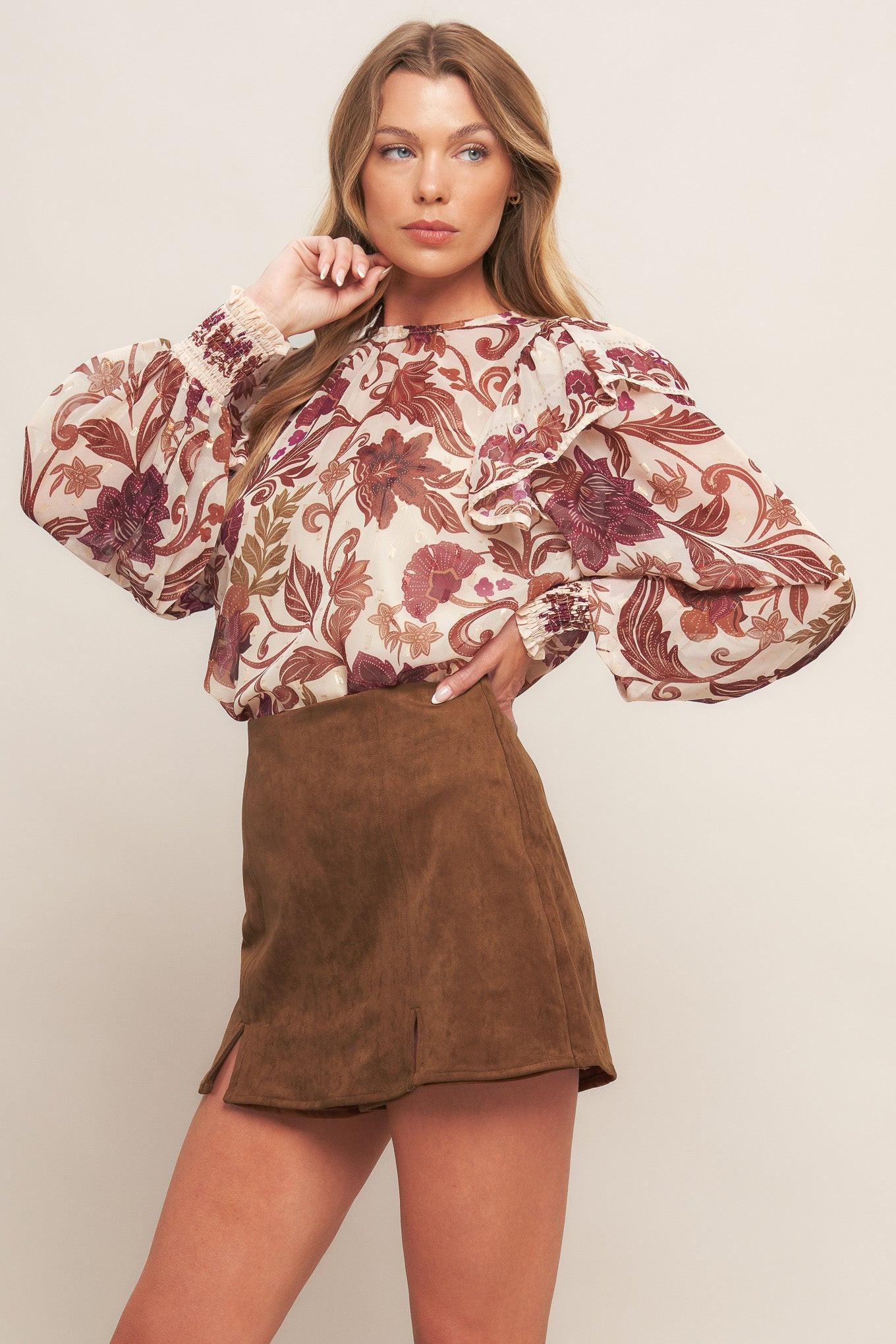 Autumn Starlet Brown Faux Suede Front Slit Mini Skort
