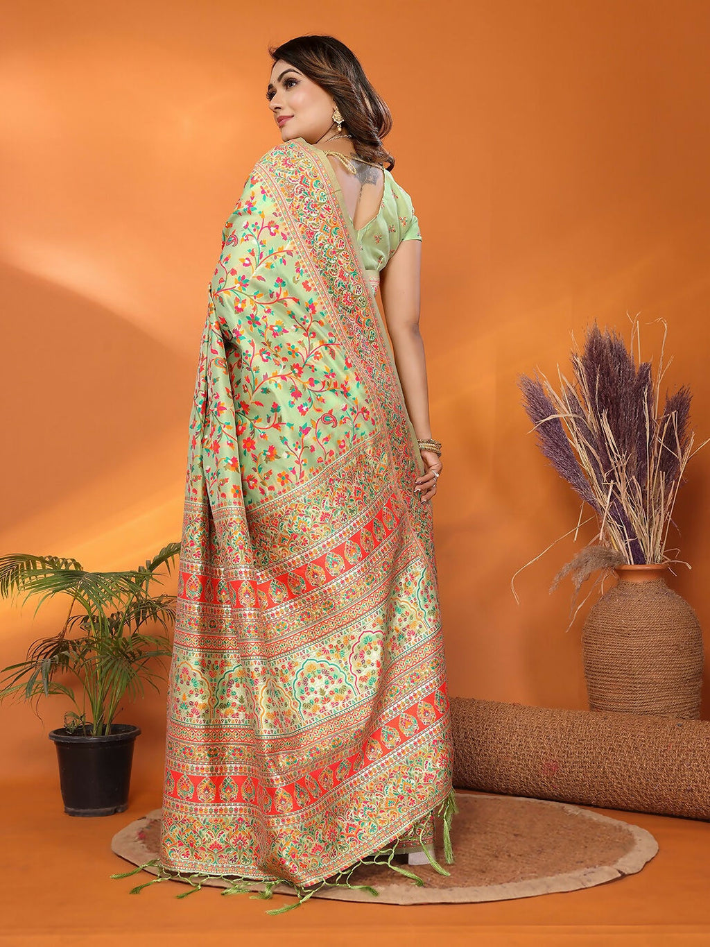 Pastel Green Meena Weaves Silk Blend Saree with Unstitched Blouse