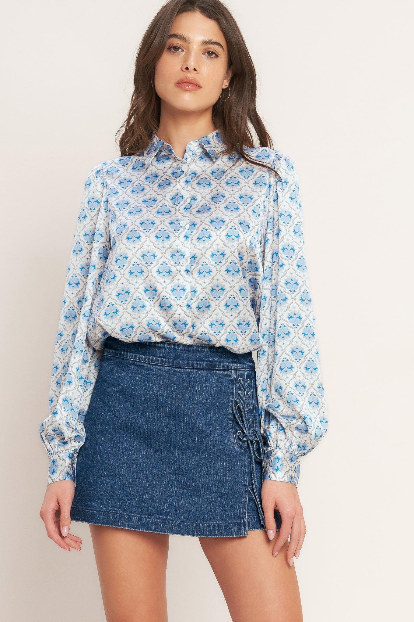 City Lace-Up Denim Skort in Washed Blue