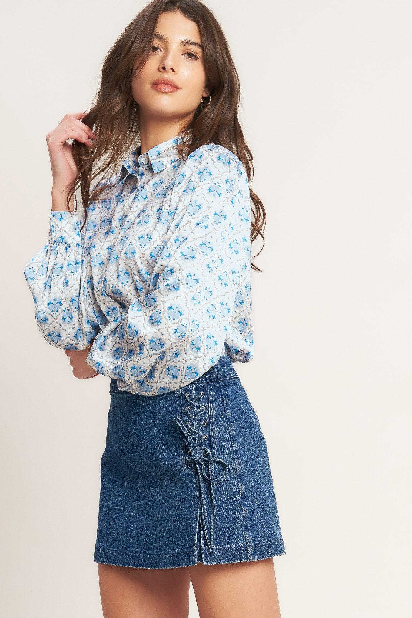 City Lace-Up Denim Skort in Washed Blue