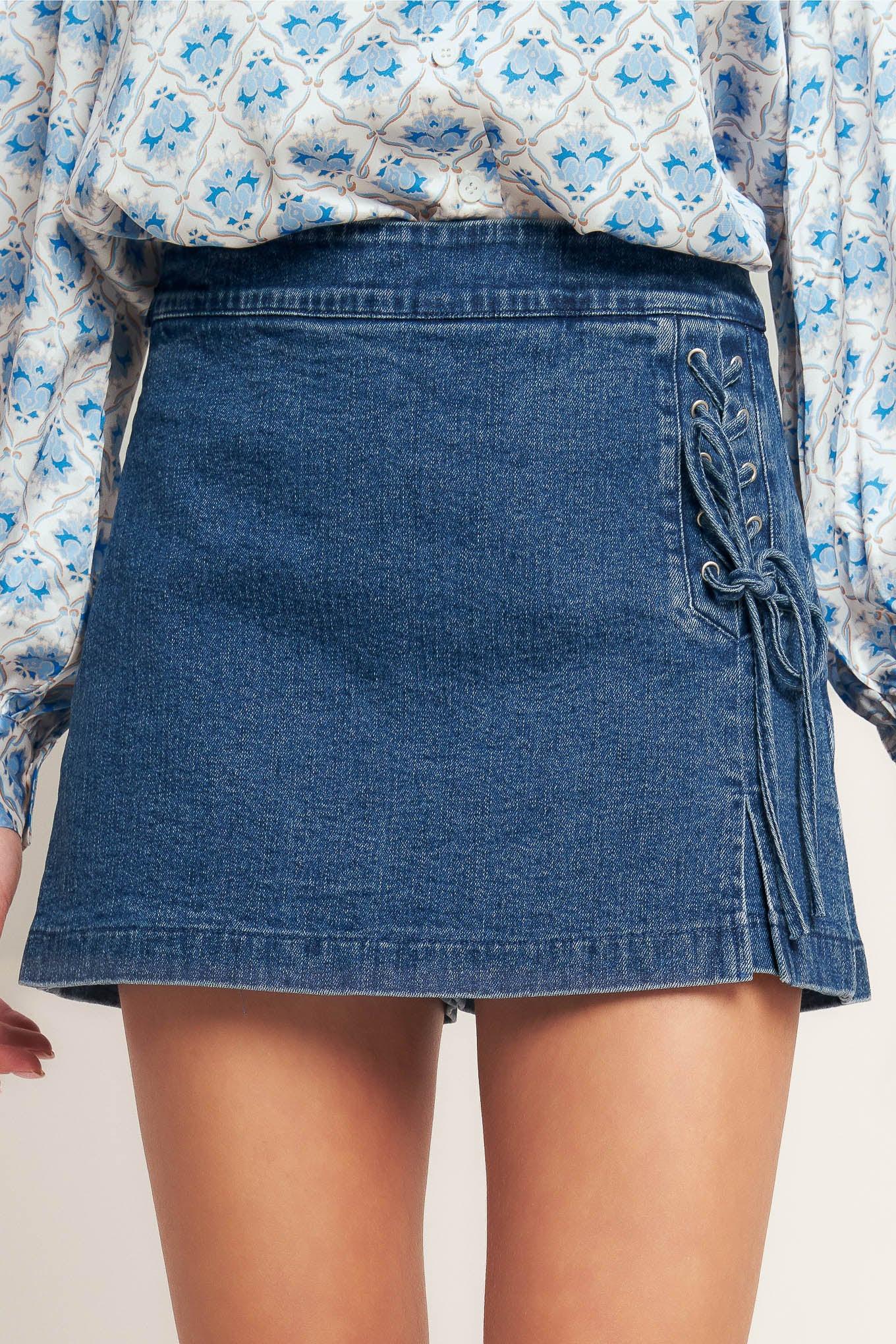 City Lace-Up Denim Skort in Washed Blue