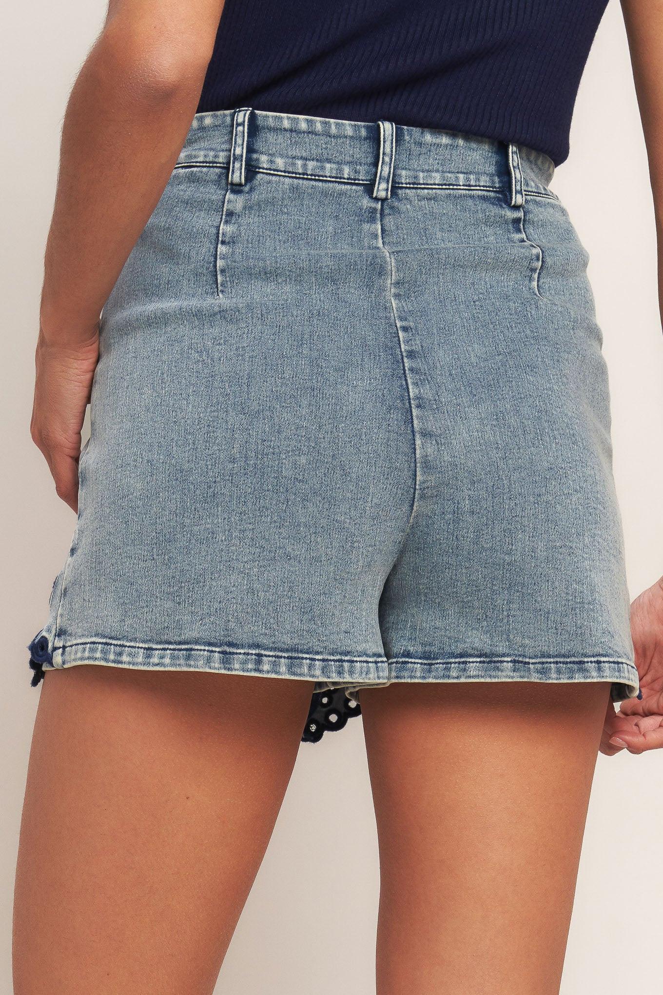 Washed Denim Skort with Embroidered Hem Detail