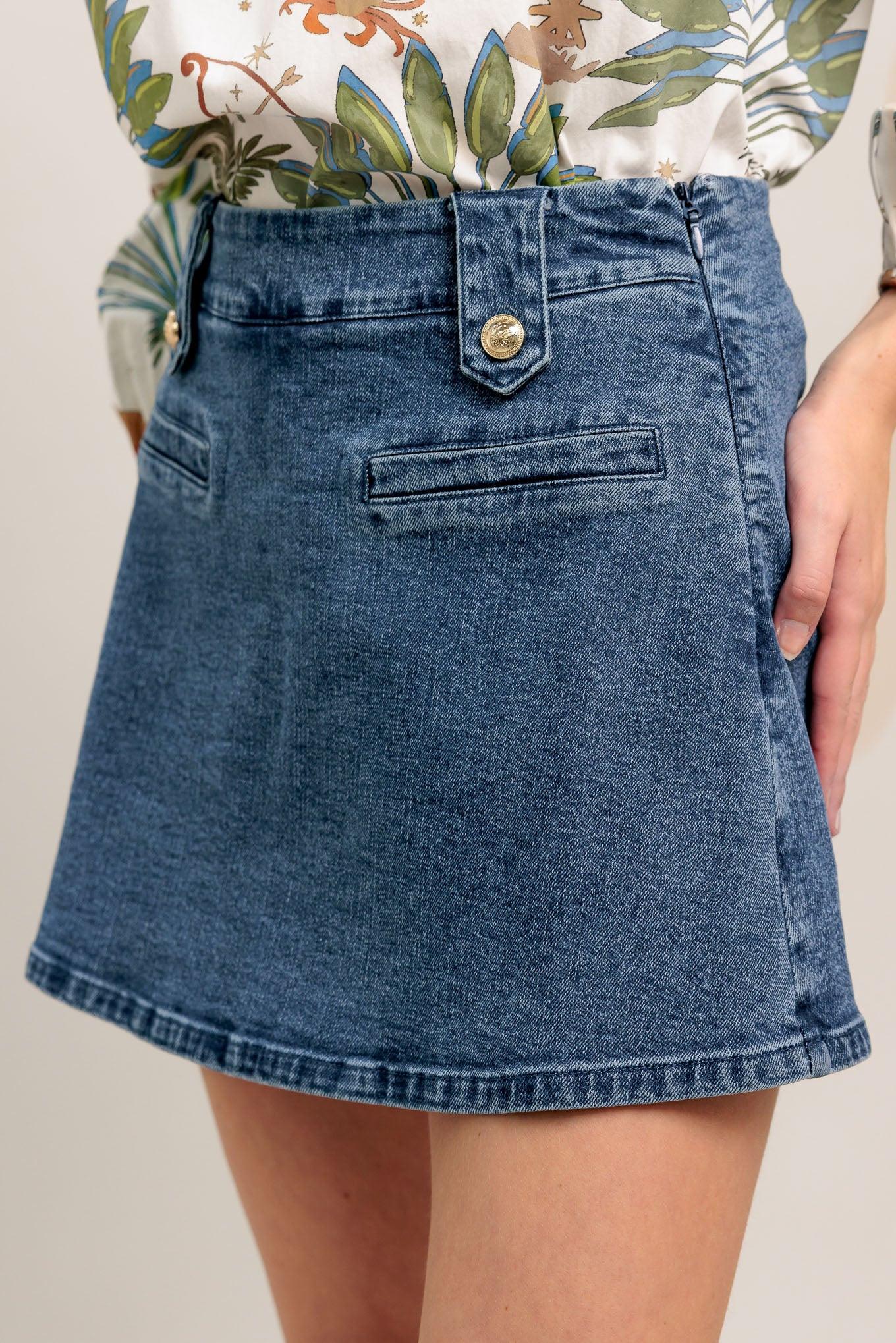 High-Waisted Washed Denim Mini Skort with Gold Button Details