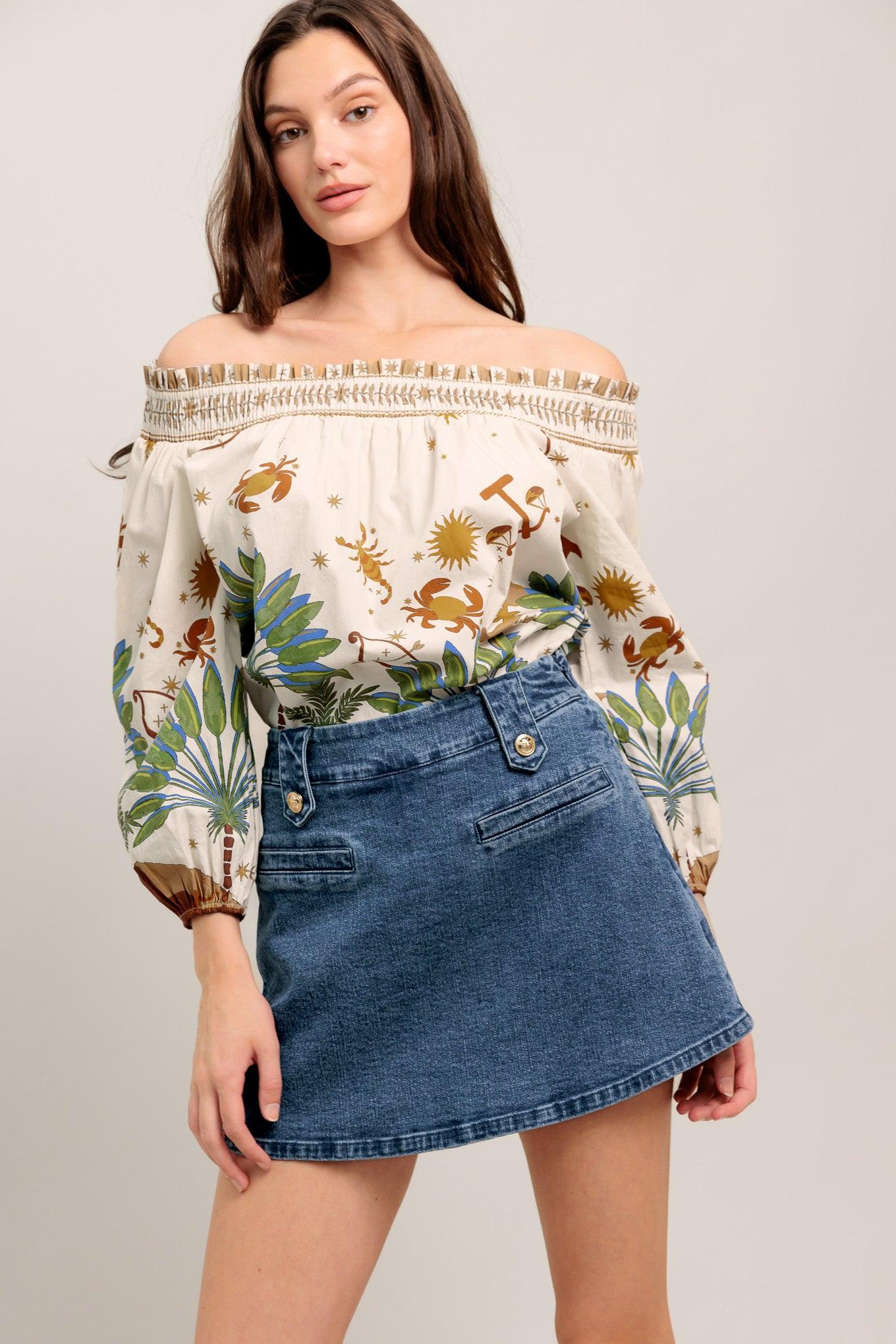 High-Waisted Washed Denim Mini Skort with Gold Button Details