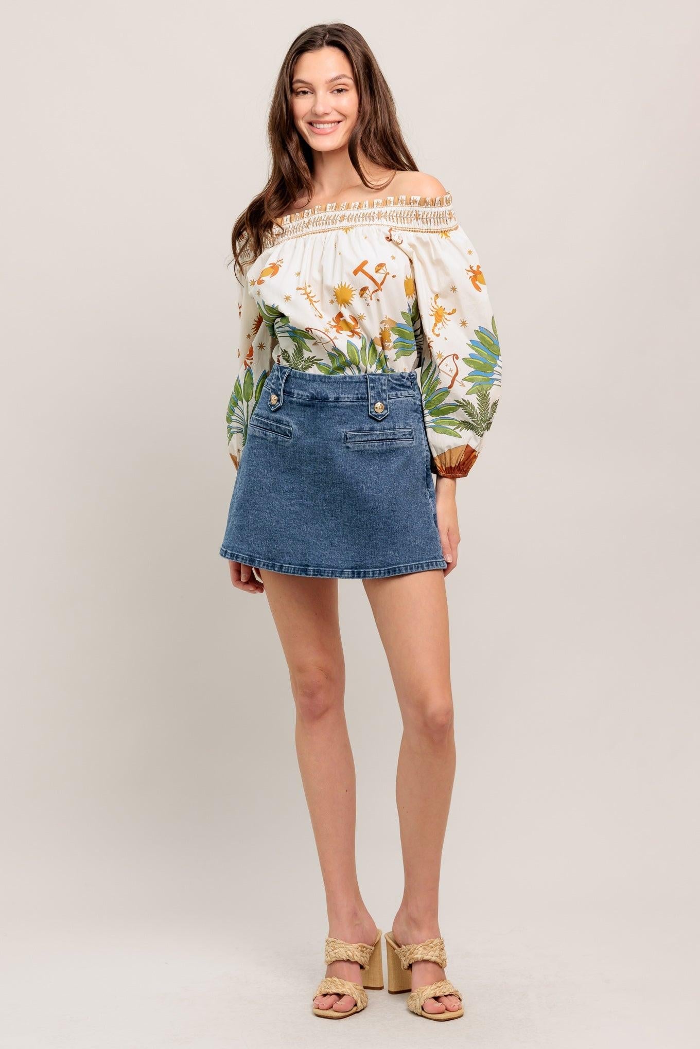 High-Waisted Washed Denim Mini Skort with Gold Button Details
