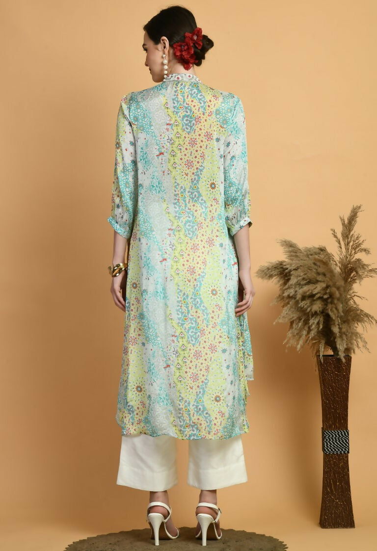 Mint Green Chiffon Midi Kurta Set with Geometric Print