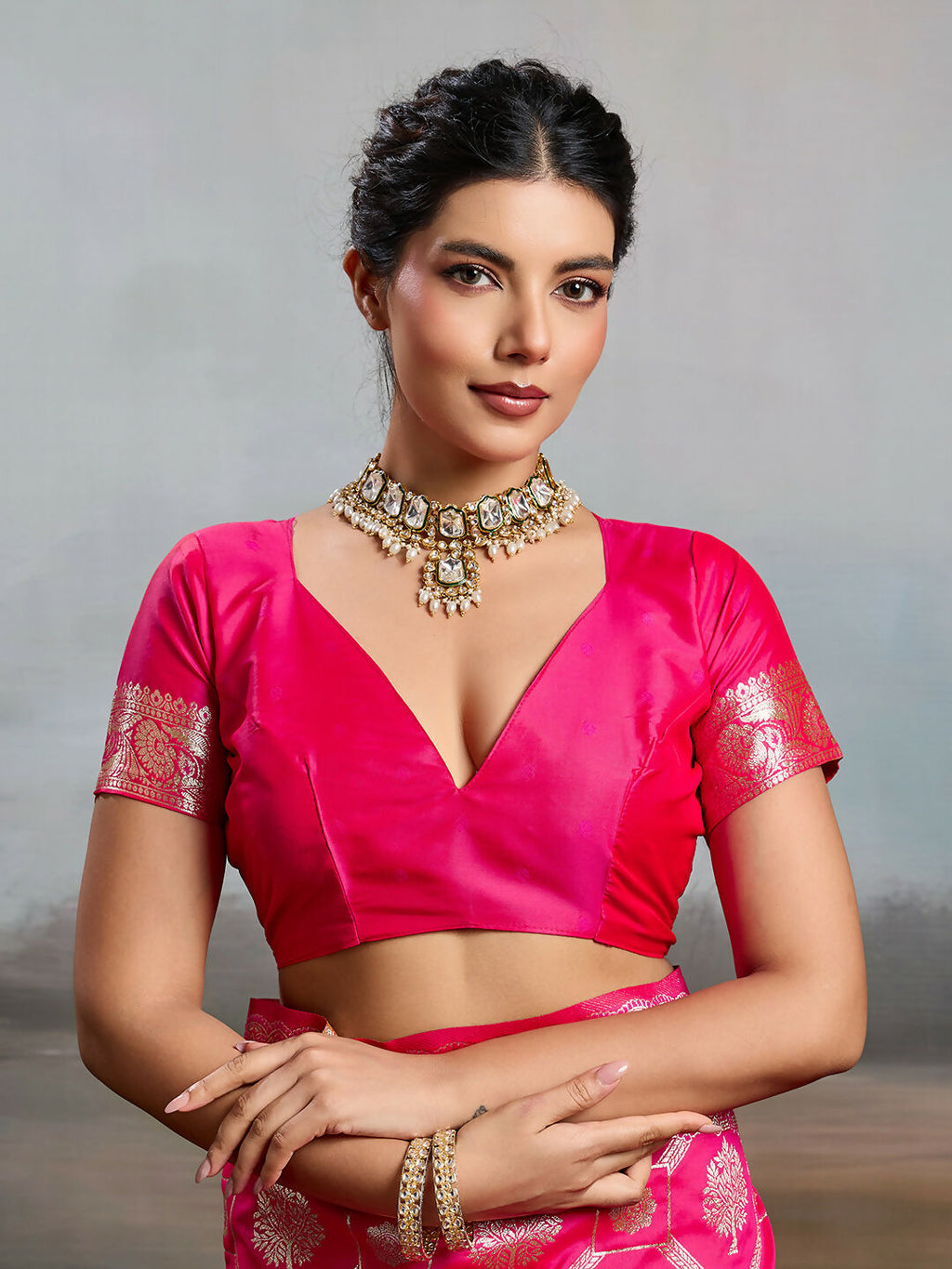 Rani Pink Silk Blend Saree with Matching Blouse Piece
