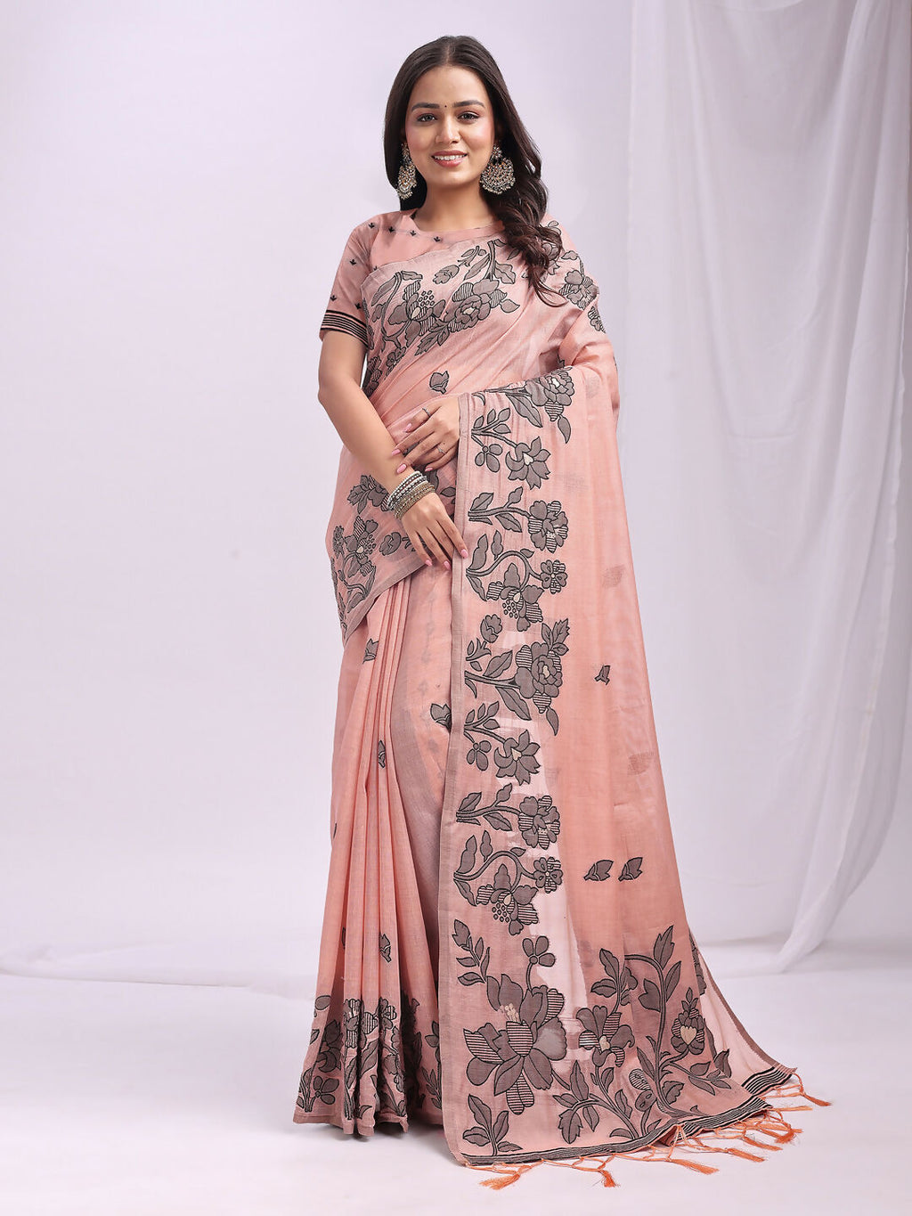 Shree Shyam Fashion Kashira Peach Linen Cotton Saree