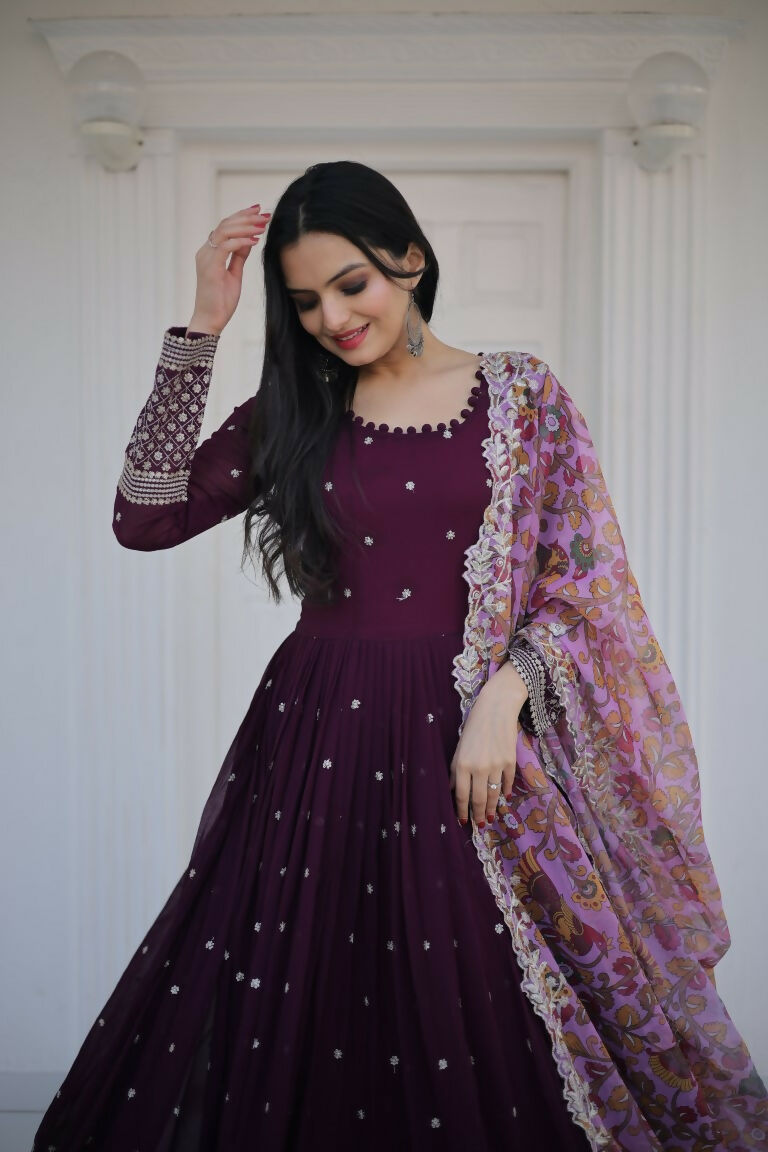 Women's Wine Faux Blooming Sequins Zari Embroidered Anarkali Dress