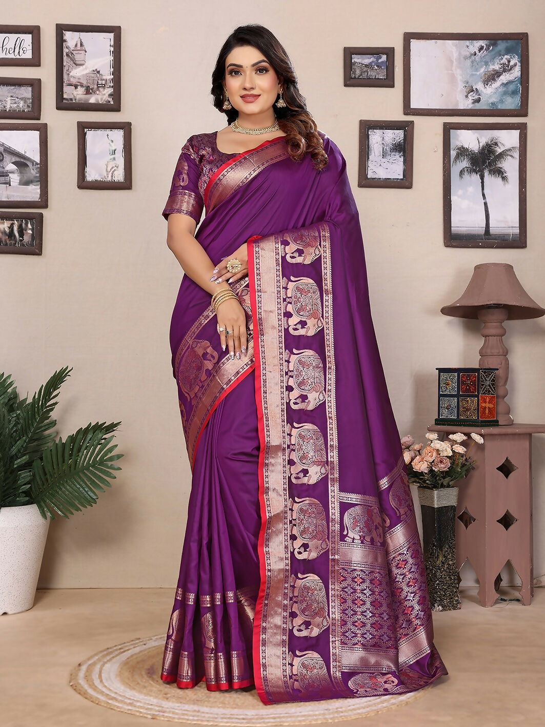 Joban Fashion Purple Solid Banarasi Silk Sarees
