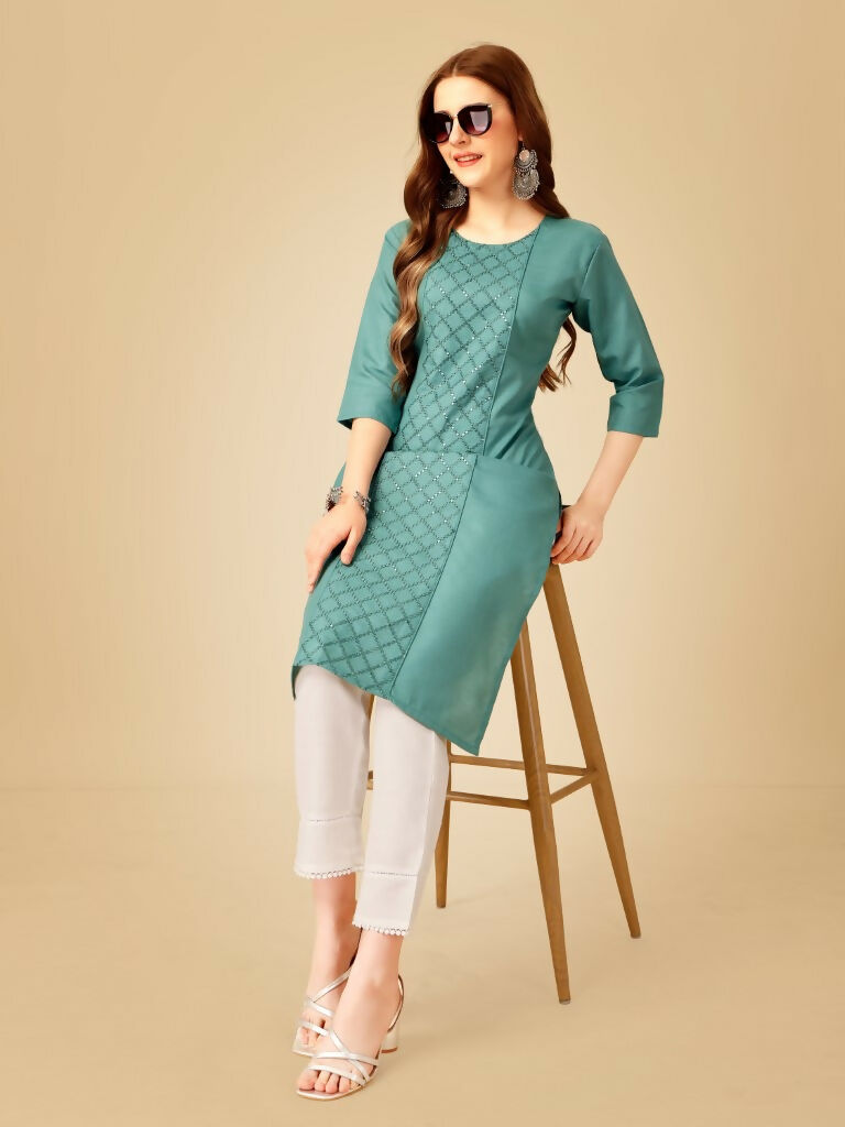 Teal Cotton Blend Embroidered Kurta Pant Set with Sequence Work