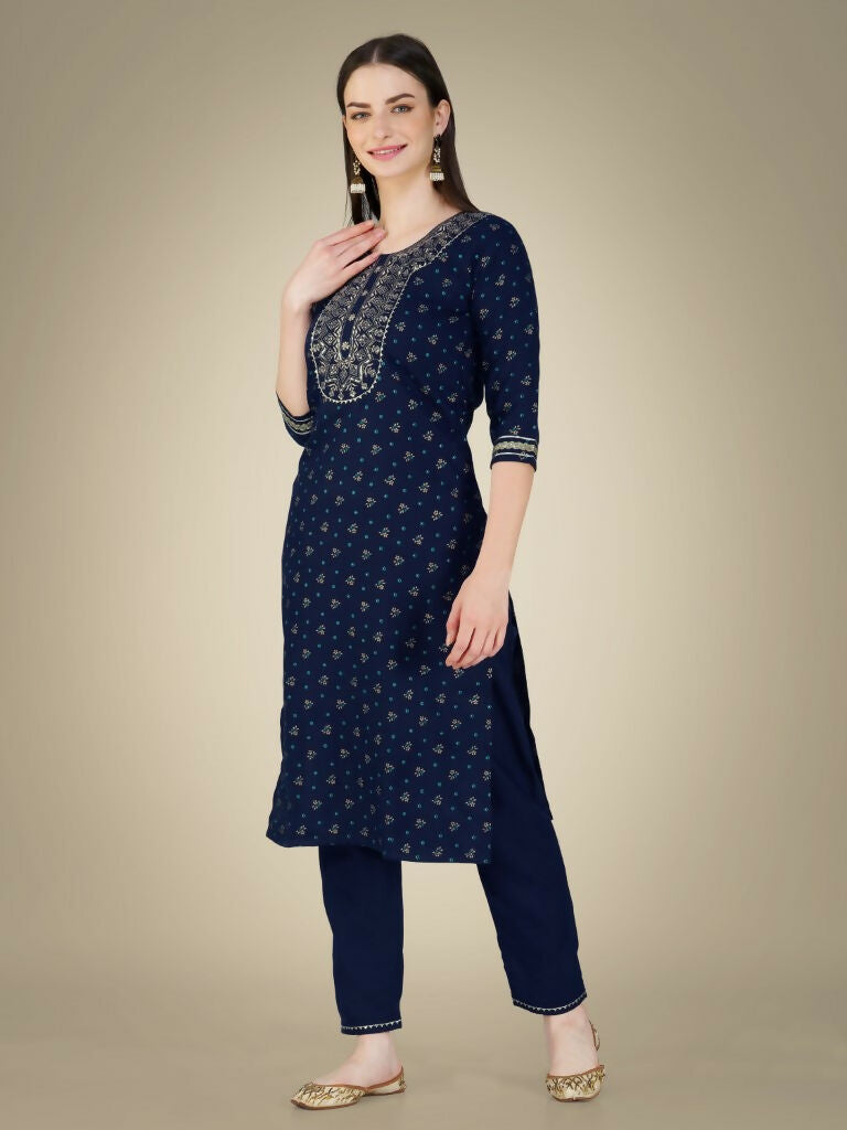 Women's Navy Blue Cotton Magic Slub Kurta Set with Sequence