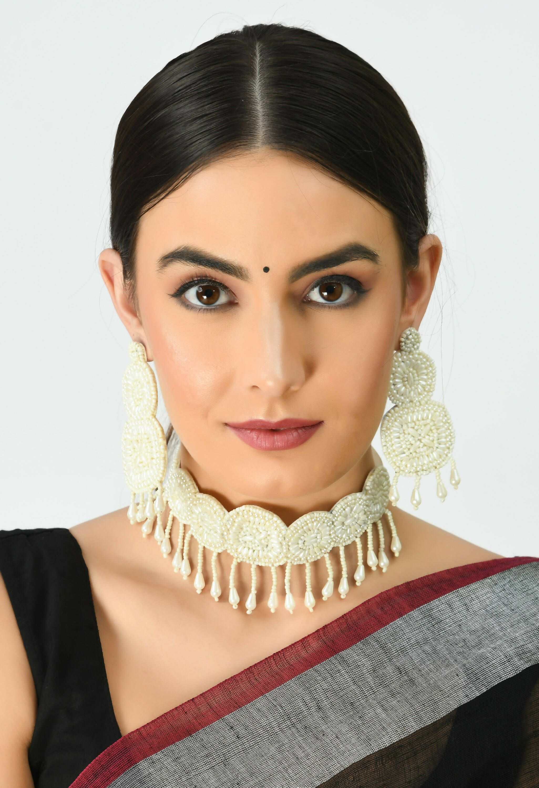 Johar Kamal Handicraft Off White Pearl Choker Necklace Set