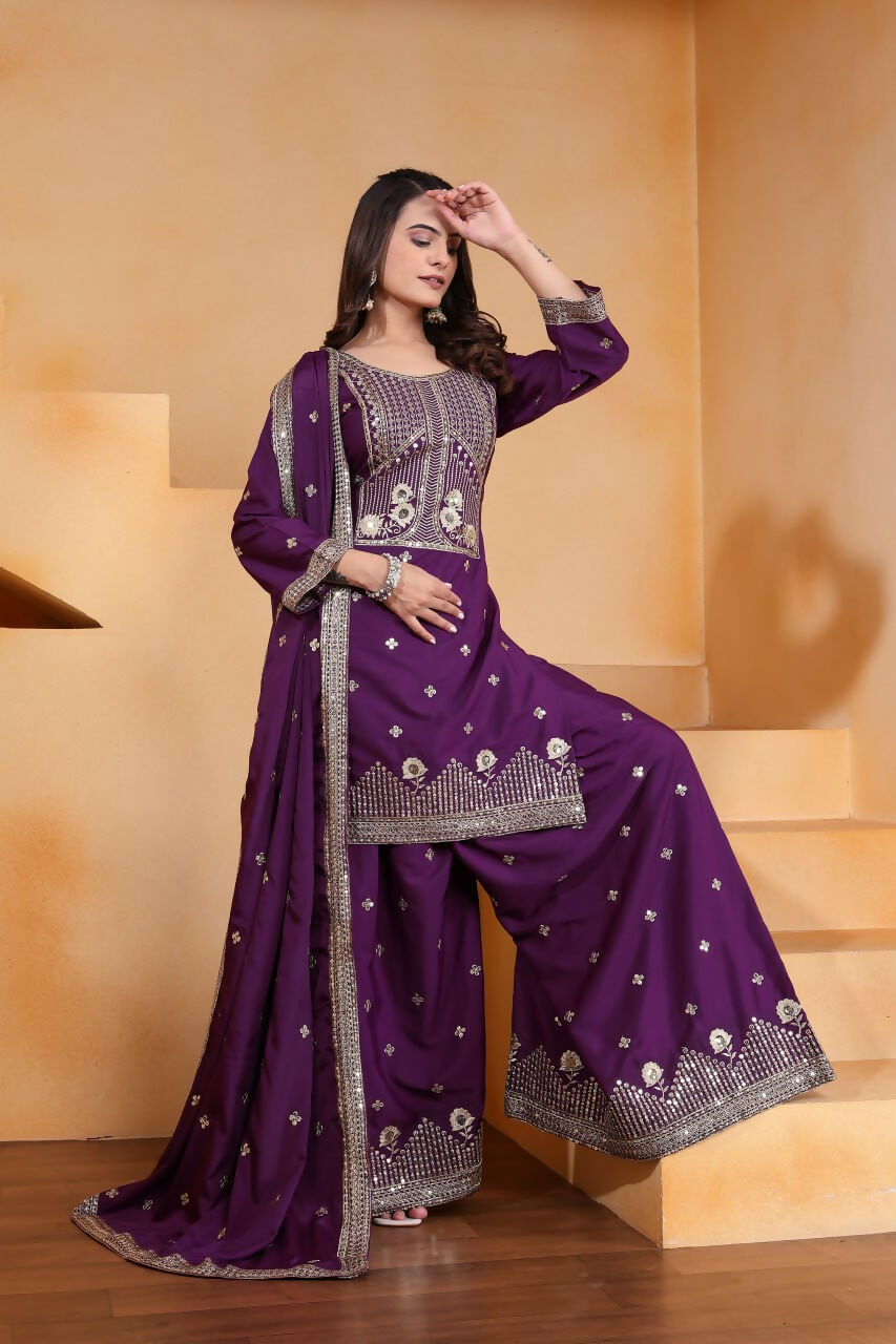 Wine Crepe Embroidered Sharara Set for Formal Ethnic Style